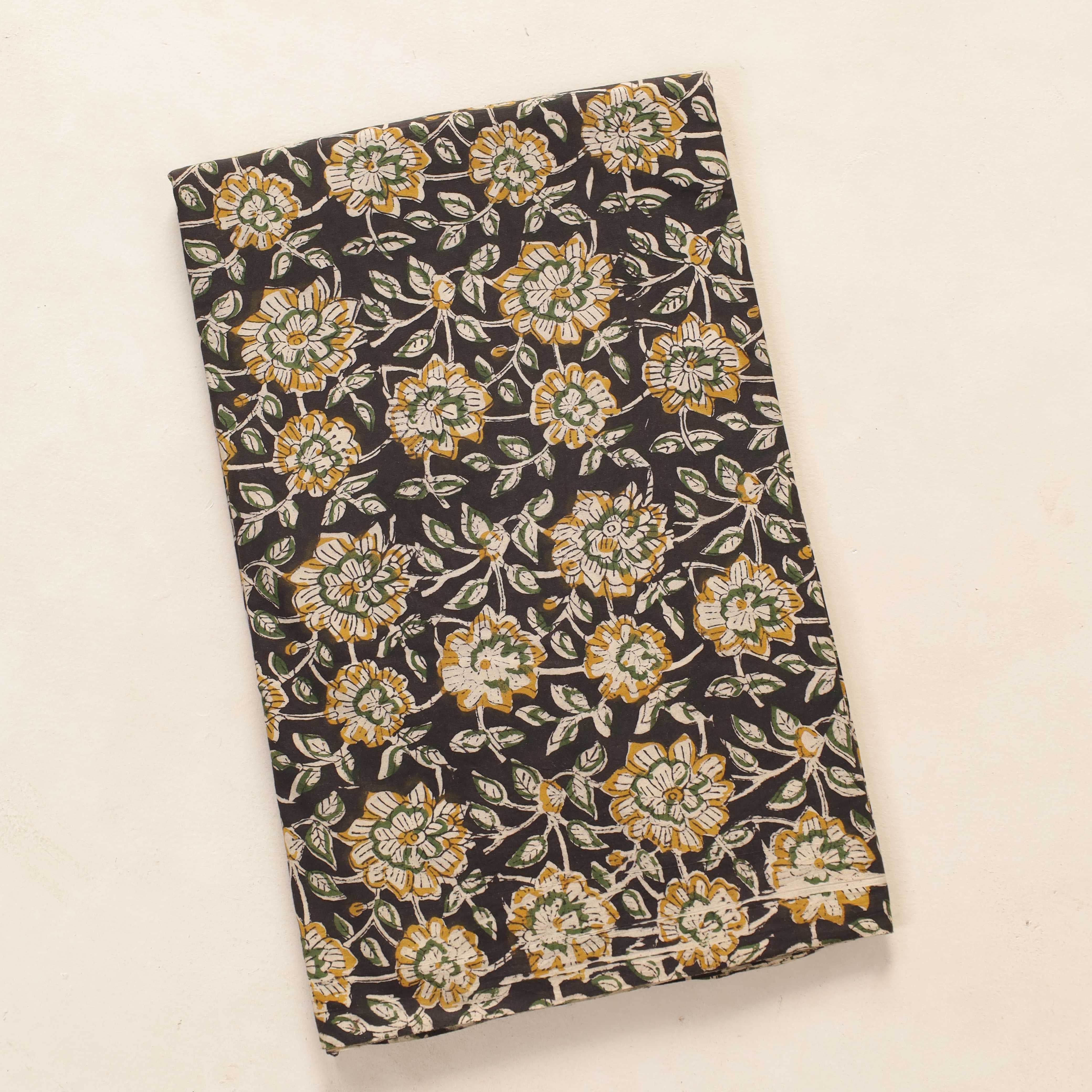 Hand Block Printed Cotton Fabric - Midnight Garden in Mustard & Sage