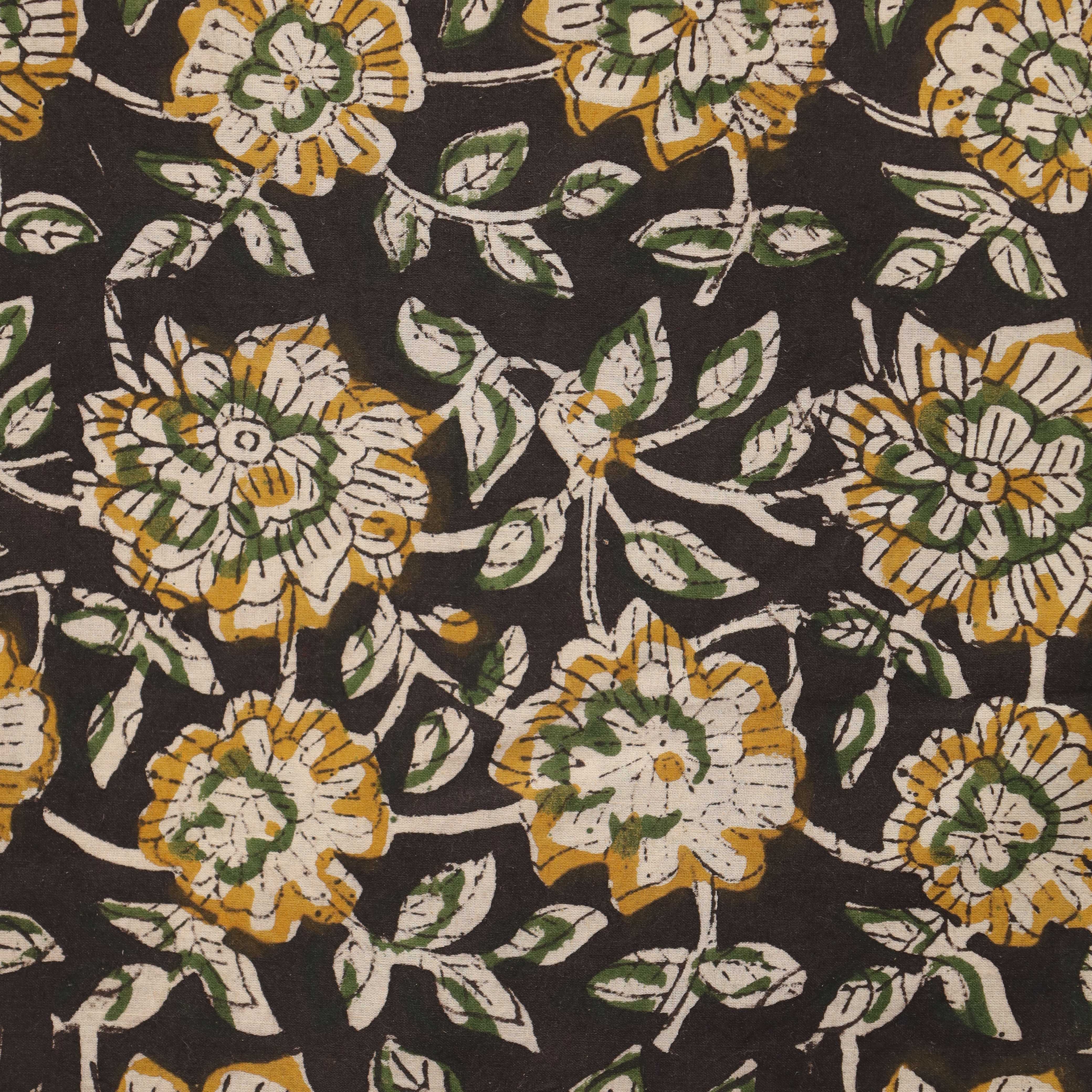 Hand Block Printed Cotton Fabric - Midnight Garden in Mustard & Sage