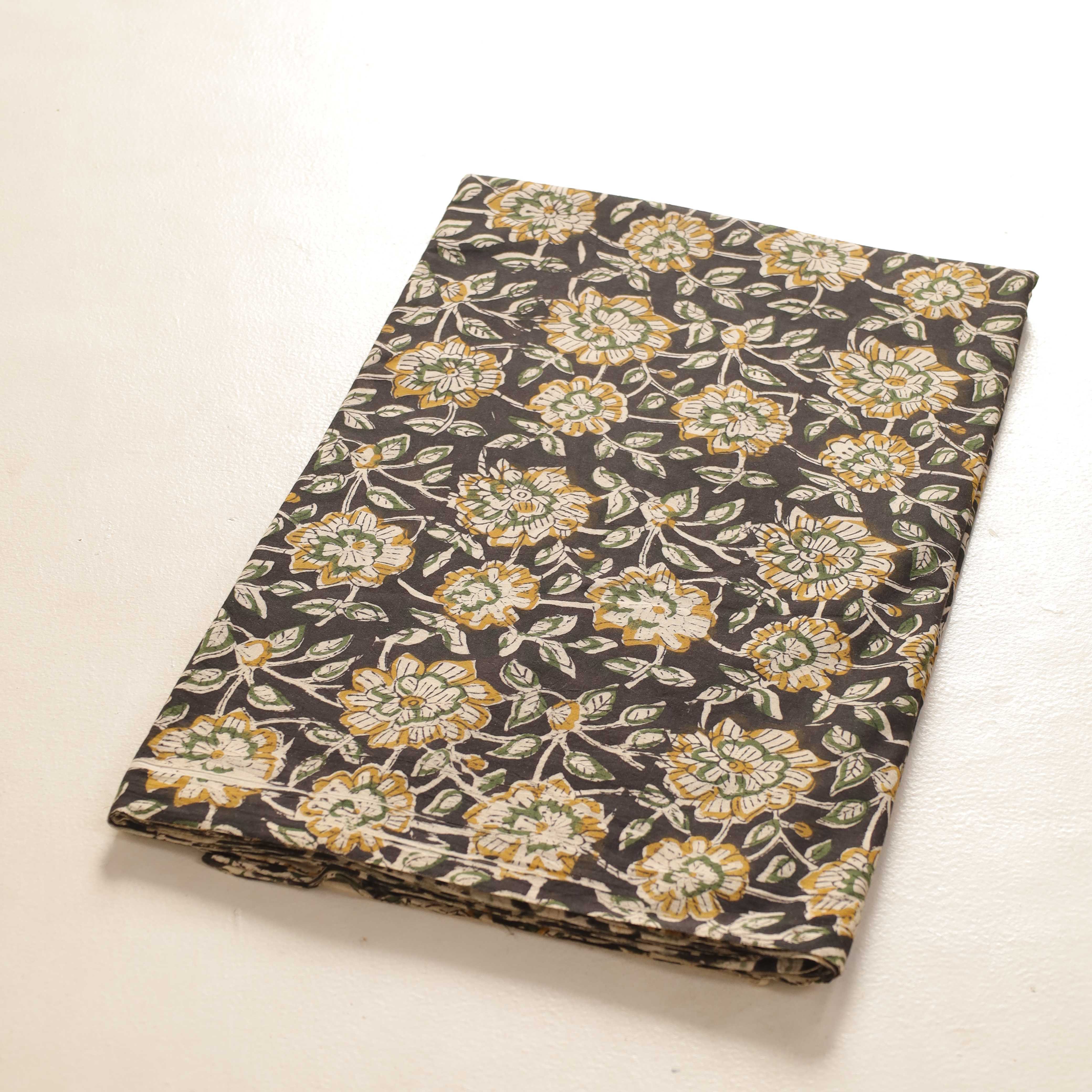 Hand Block Printed Cotton Fabric - Midnight Garden in Mustard & Sage