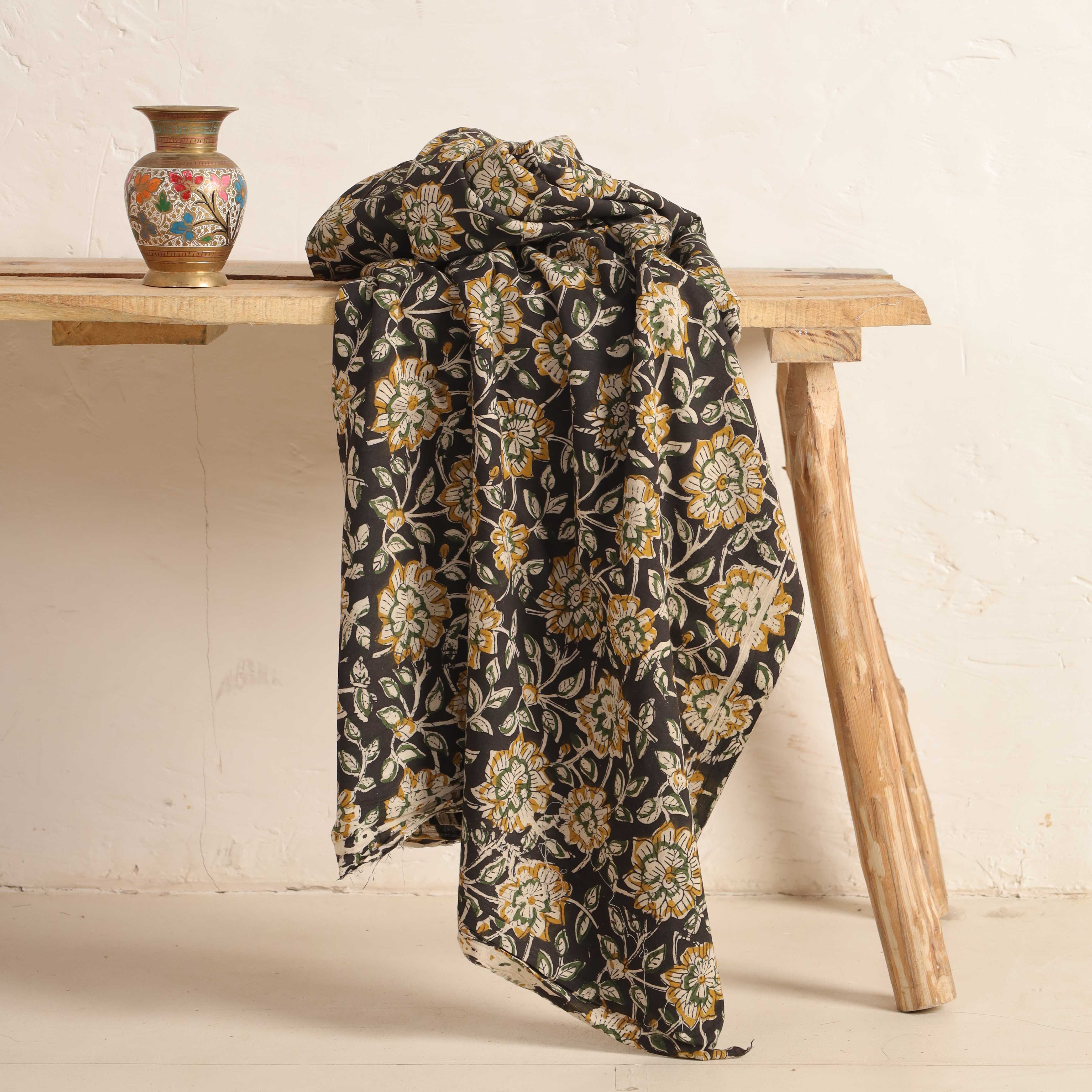 Hand Block Printed Cotton Fabric - Midnight Garden in Mustard & Sage