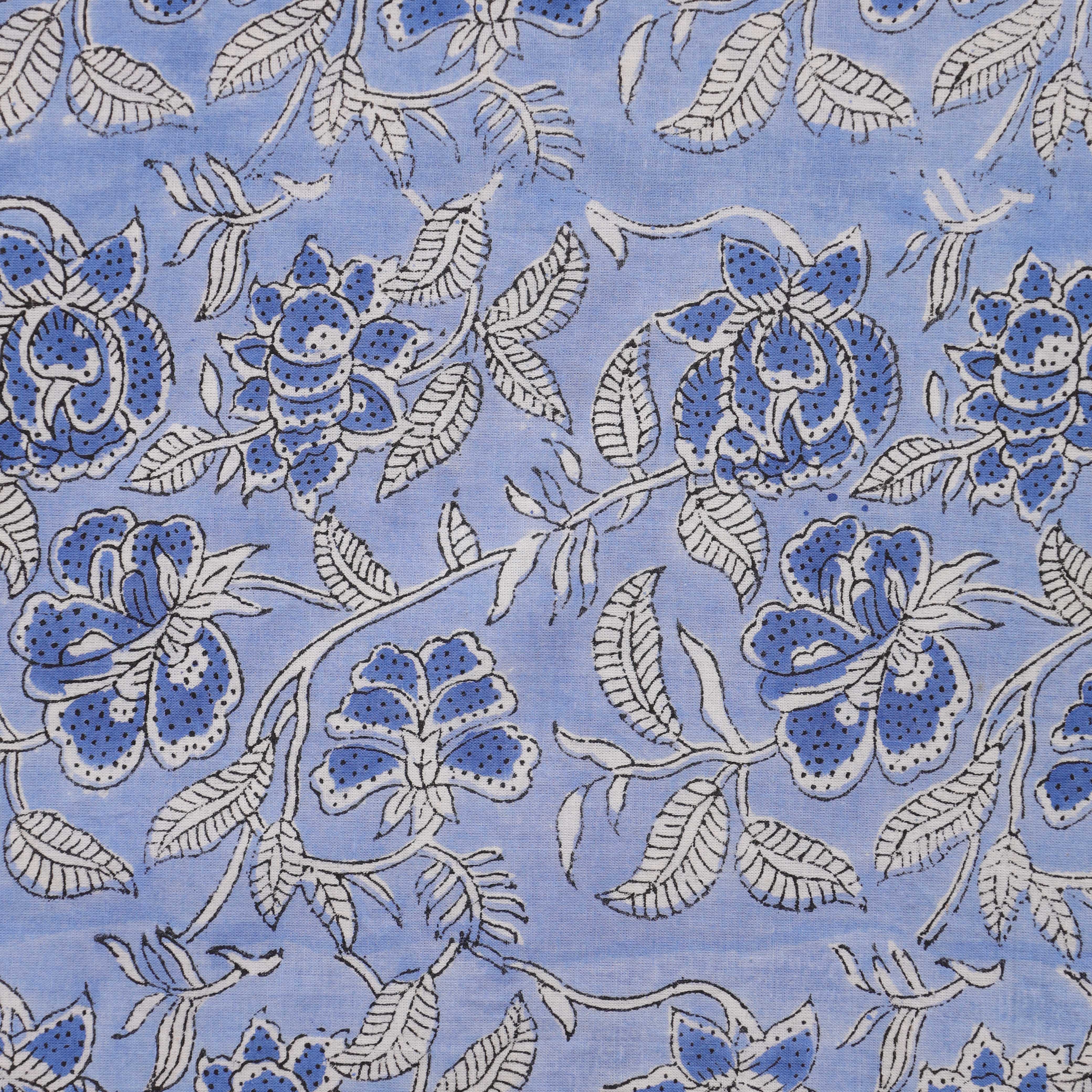 Hand Block Printed Cotton Fabric - Azure Bloom Vine