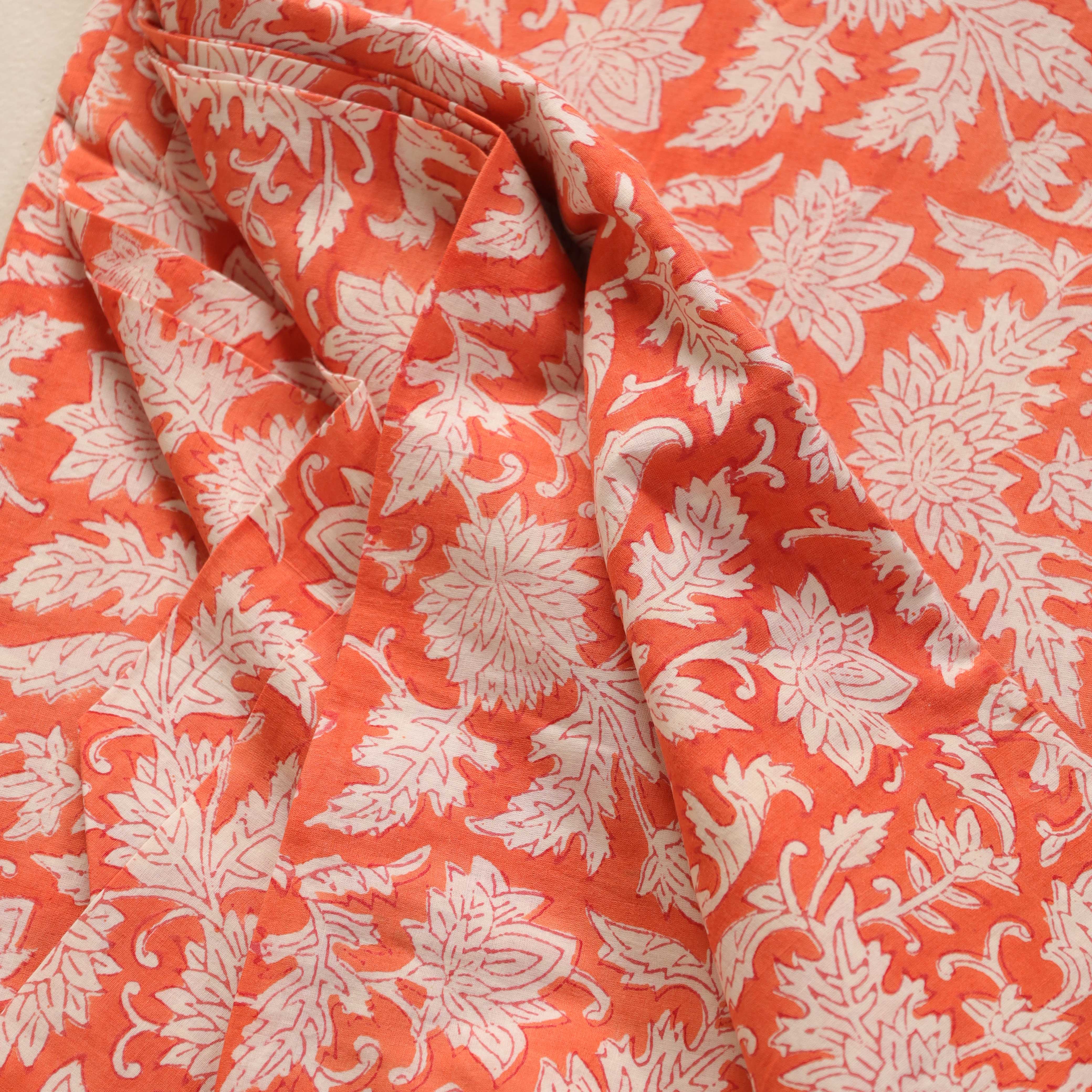 Hand Block Printed Cotton Fabric - Terracotta Floral Vine
