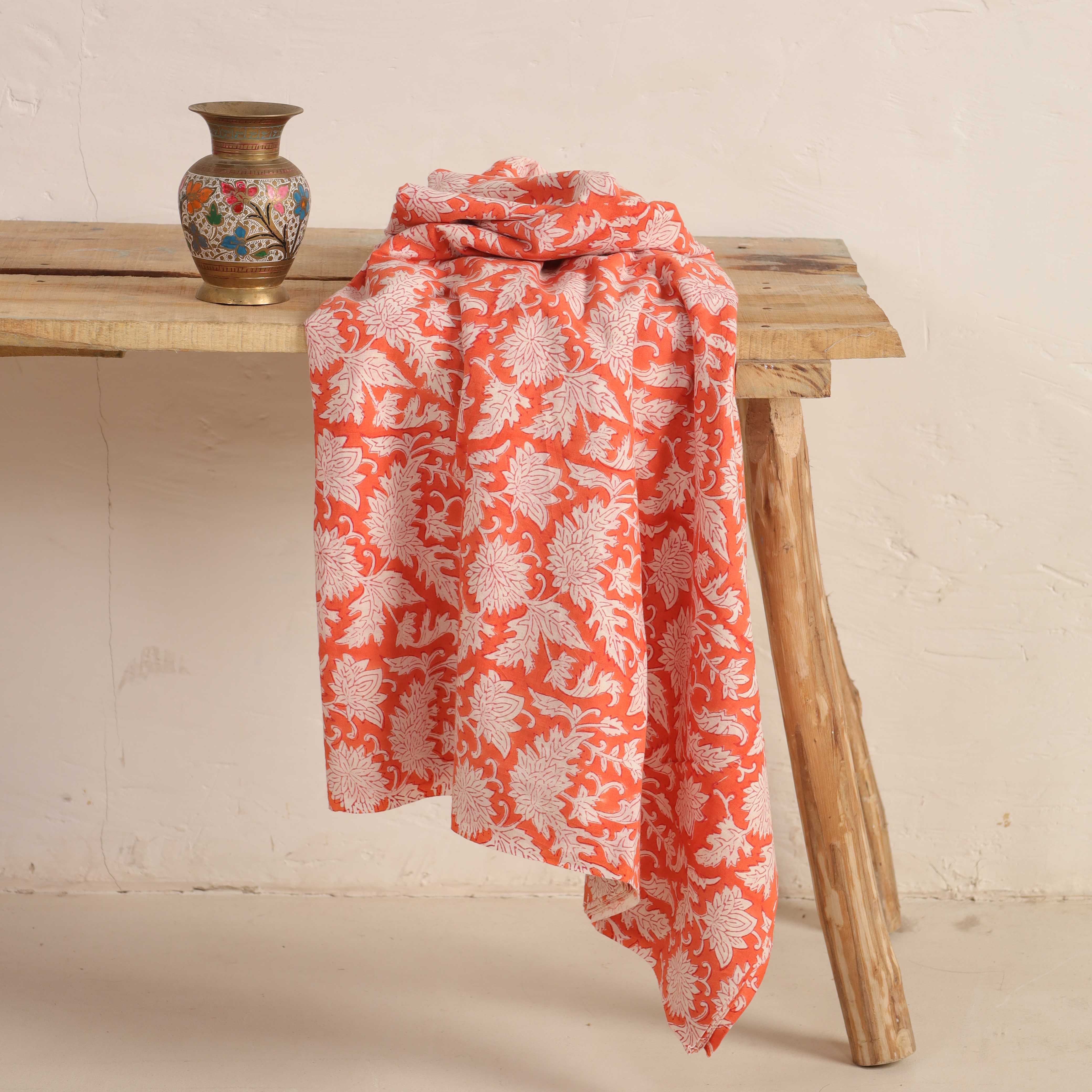 Hand Block Printed Cotton Fabric - Terracotta Floral Vine