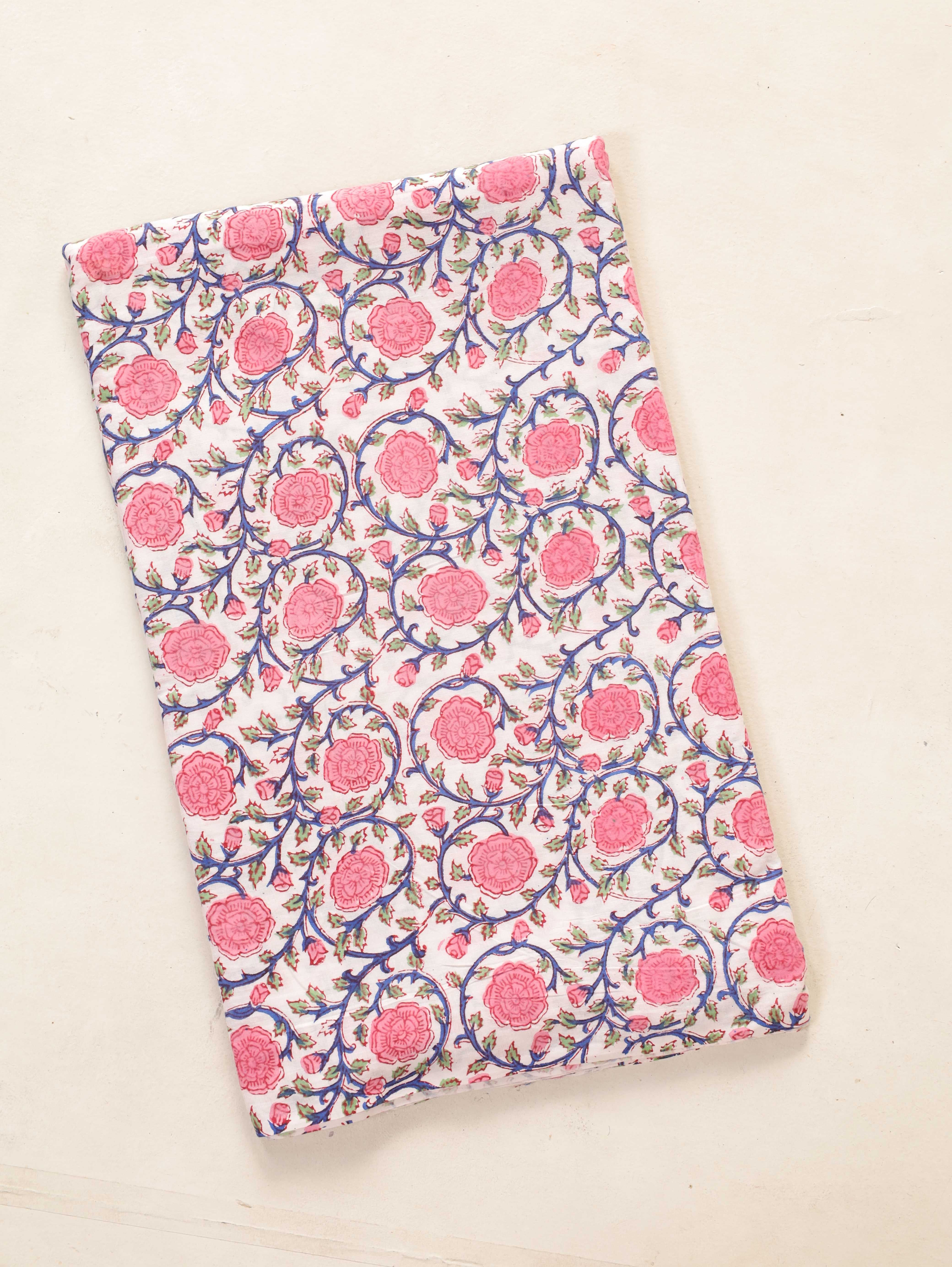 Artisan Hand Block Printed Cotton Fabric - Pink Rose & Indigo Vine