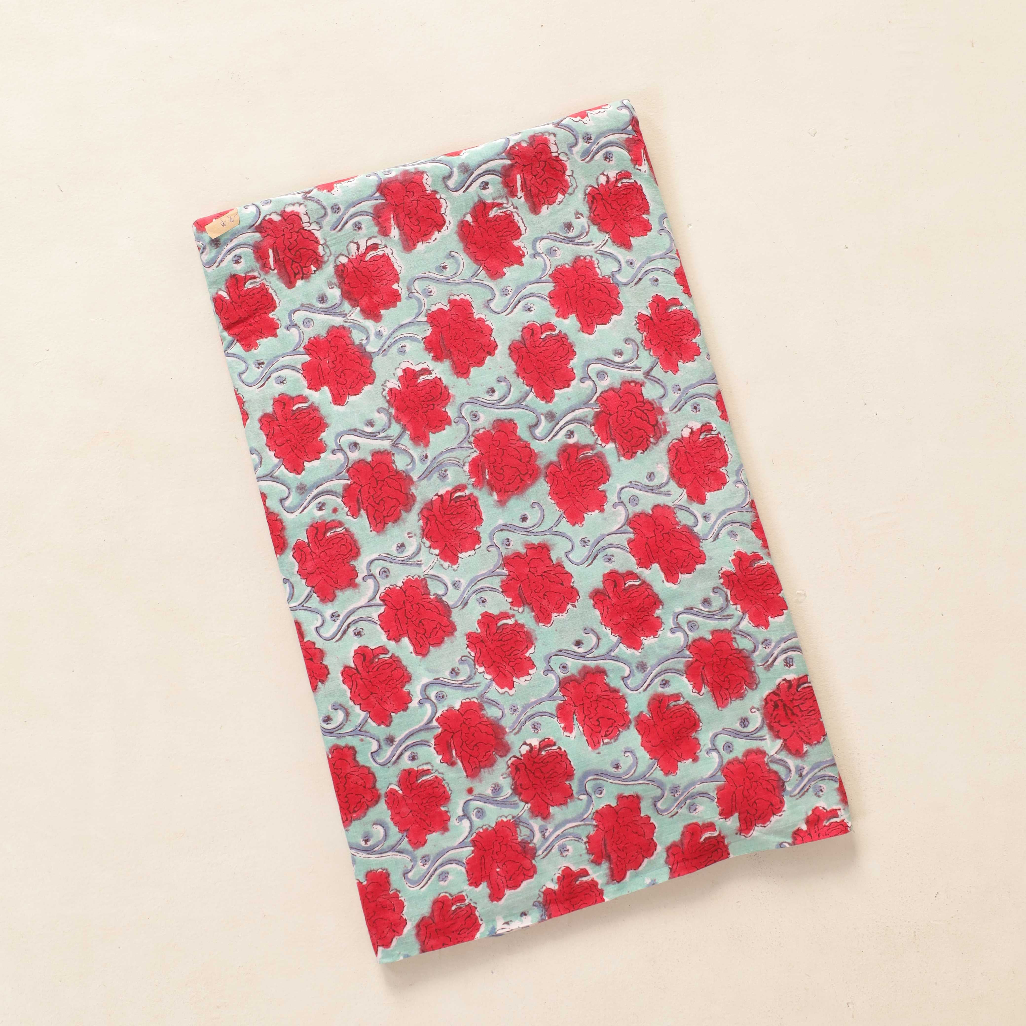 Crimson Peony Hand Block Printed Cotton Fabric - Artisan Floral Textile