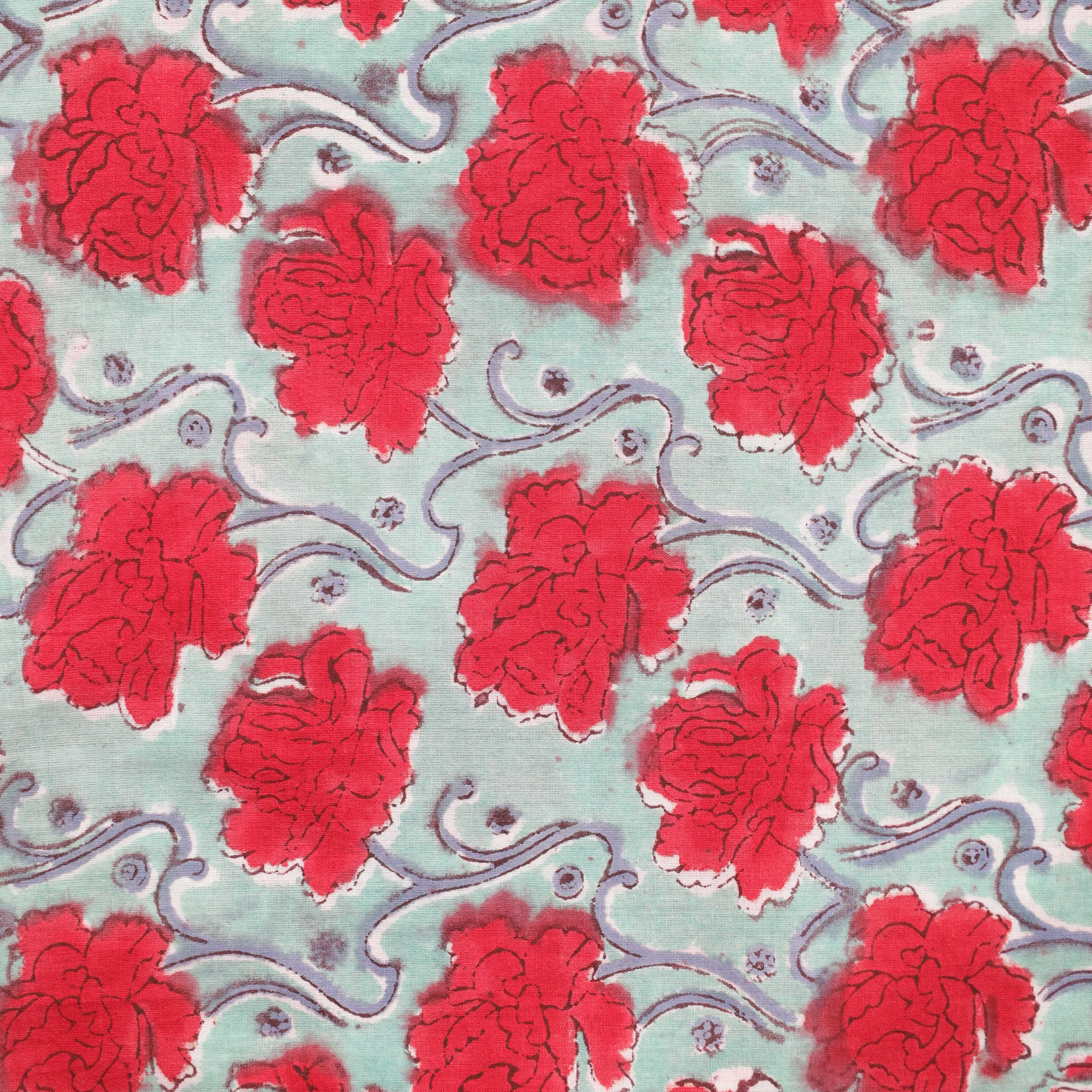Crimson Peony Hand Block Printed Cotton Fabric - Artisan Floral Textile