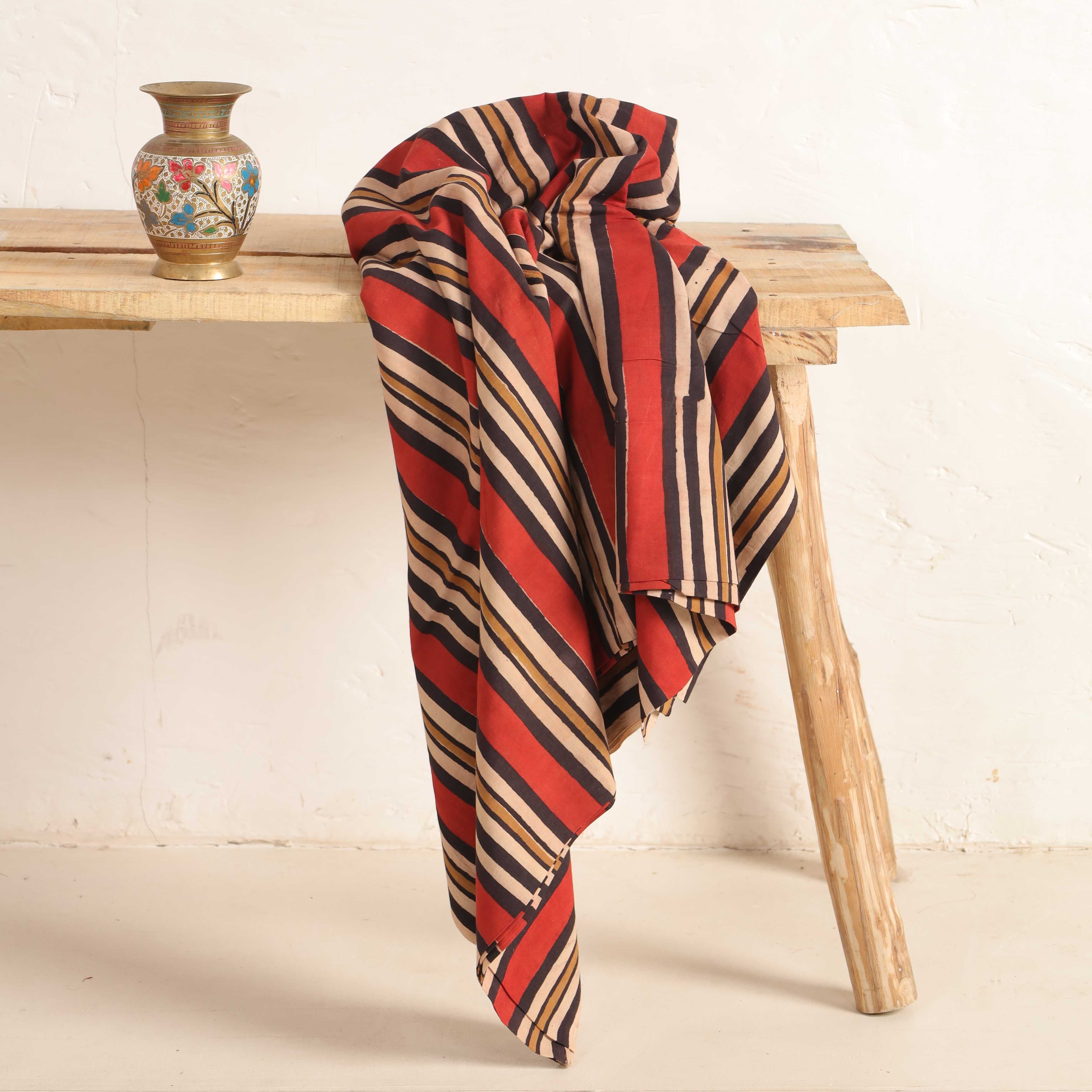 Hand Block Printed Cotton Fabric - Earth Tone Stripe