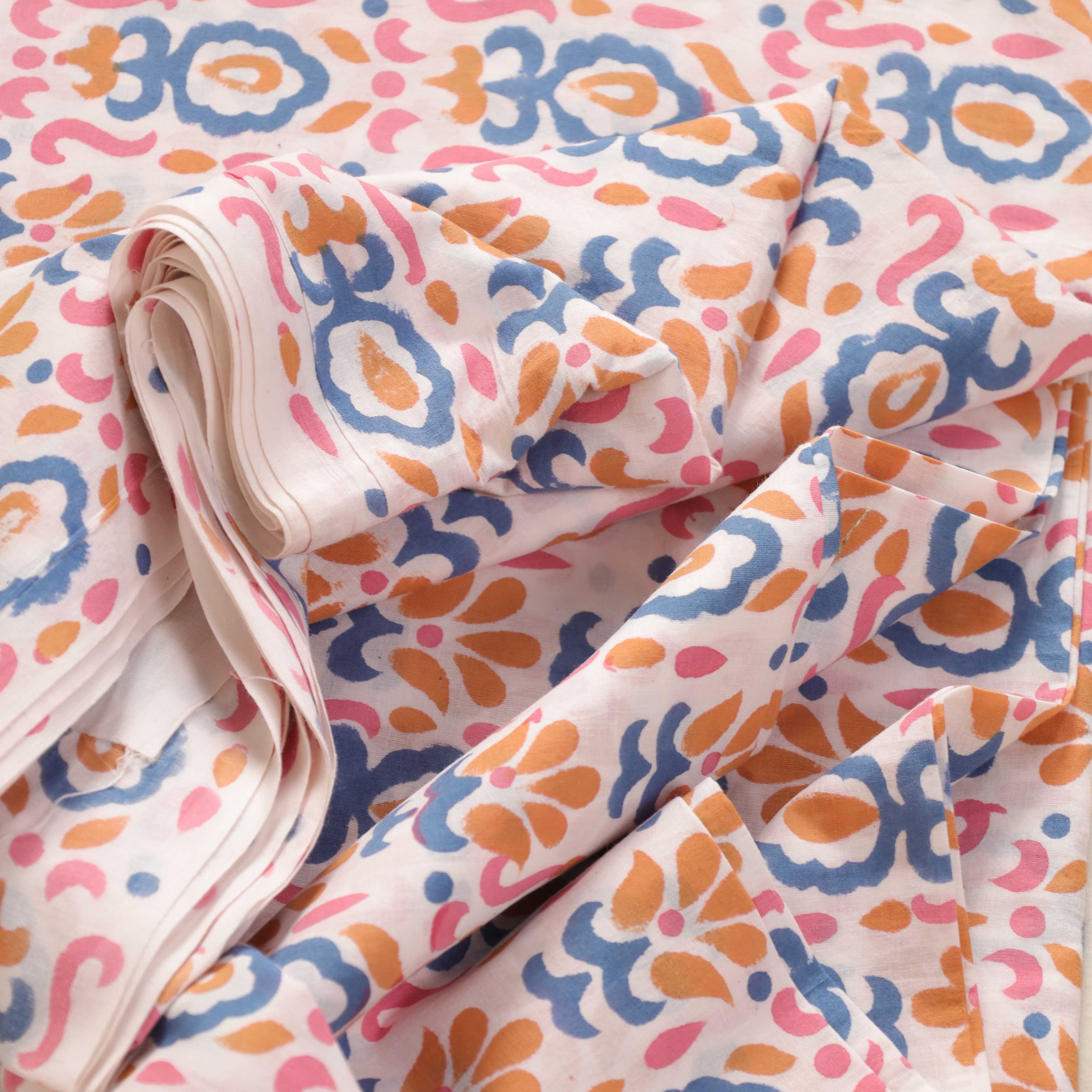Traditional Buta Hand Block Printed Cotton Fabric - Indigo & Marigold