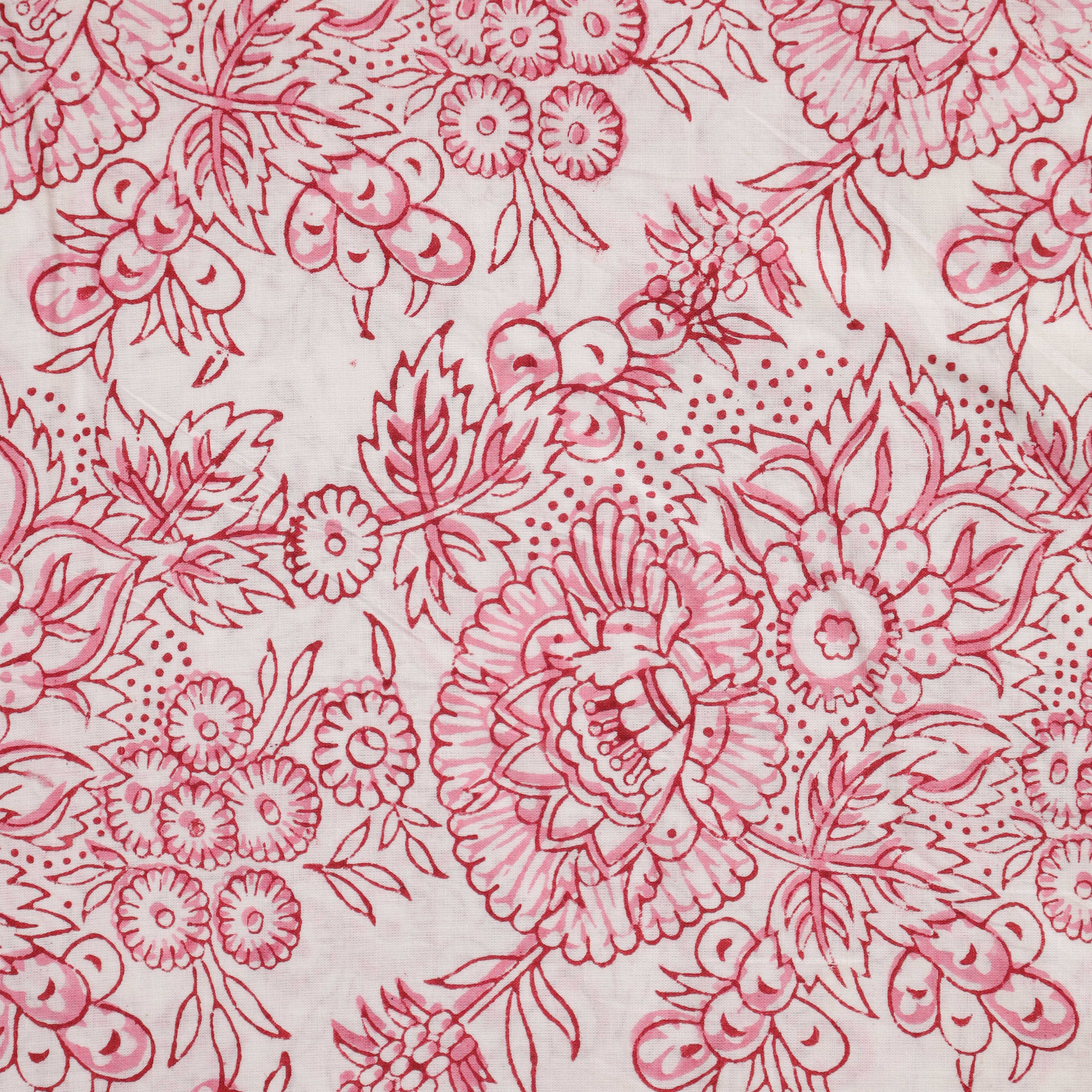 Traditional Hand Block Printed Cotton Fabric - Crimson Floral Motif