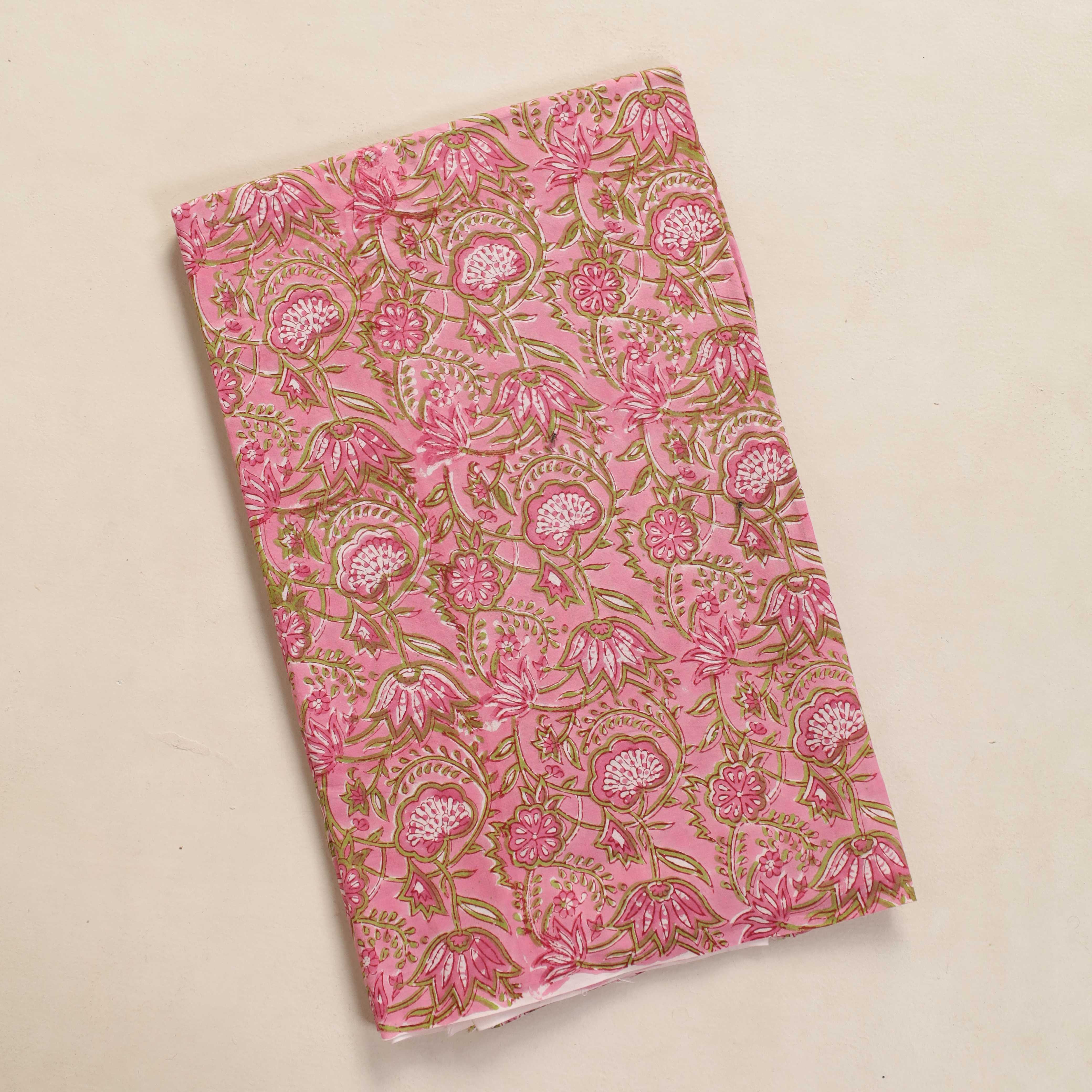 Heritage Rose Hand Block Printed Cotton Fabric - Sage & Pink Floral