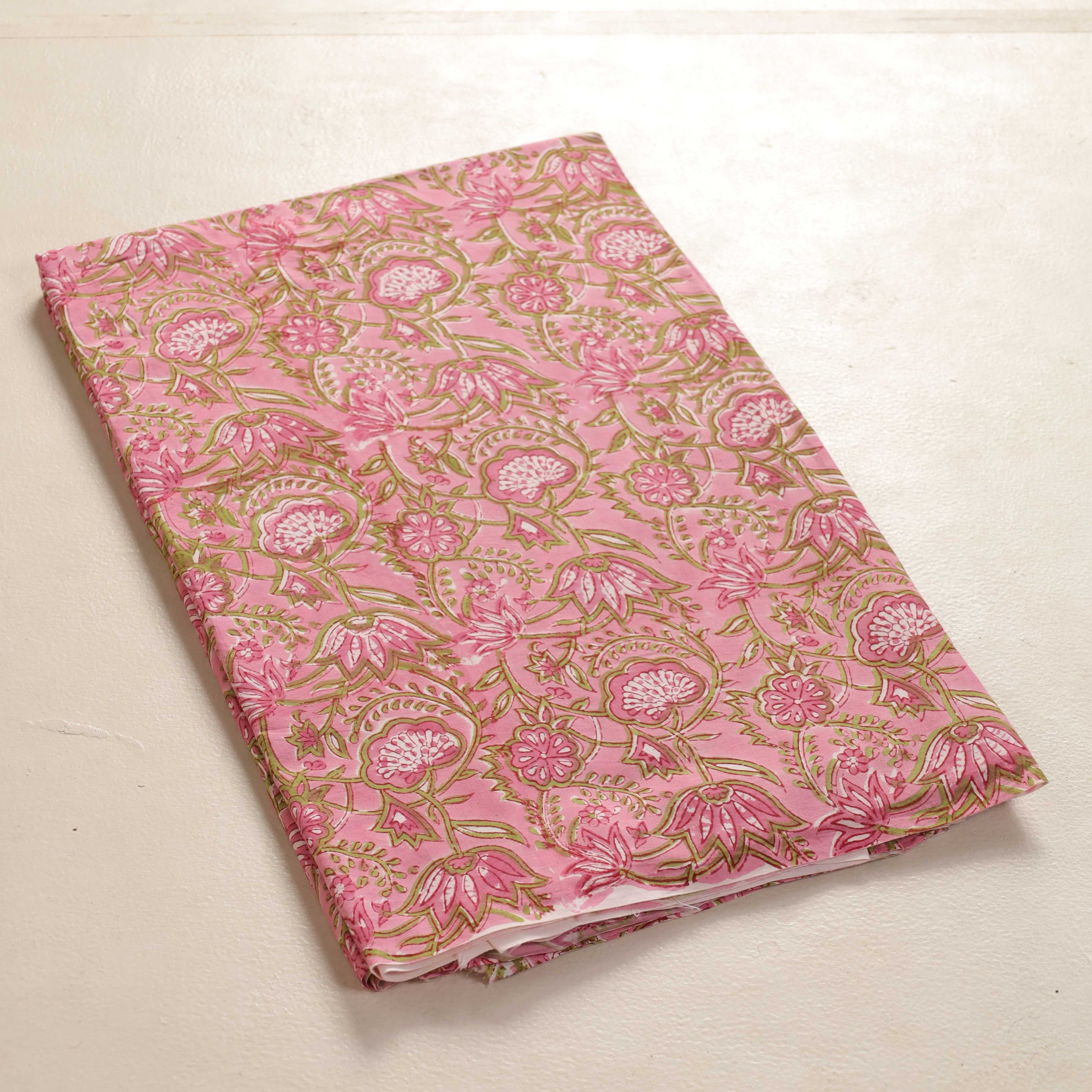 Heritage Rose Hand Block Printed Cotton Fabric - Sage & Pink Floral