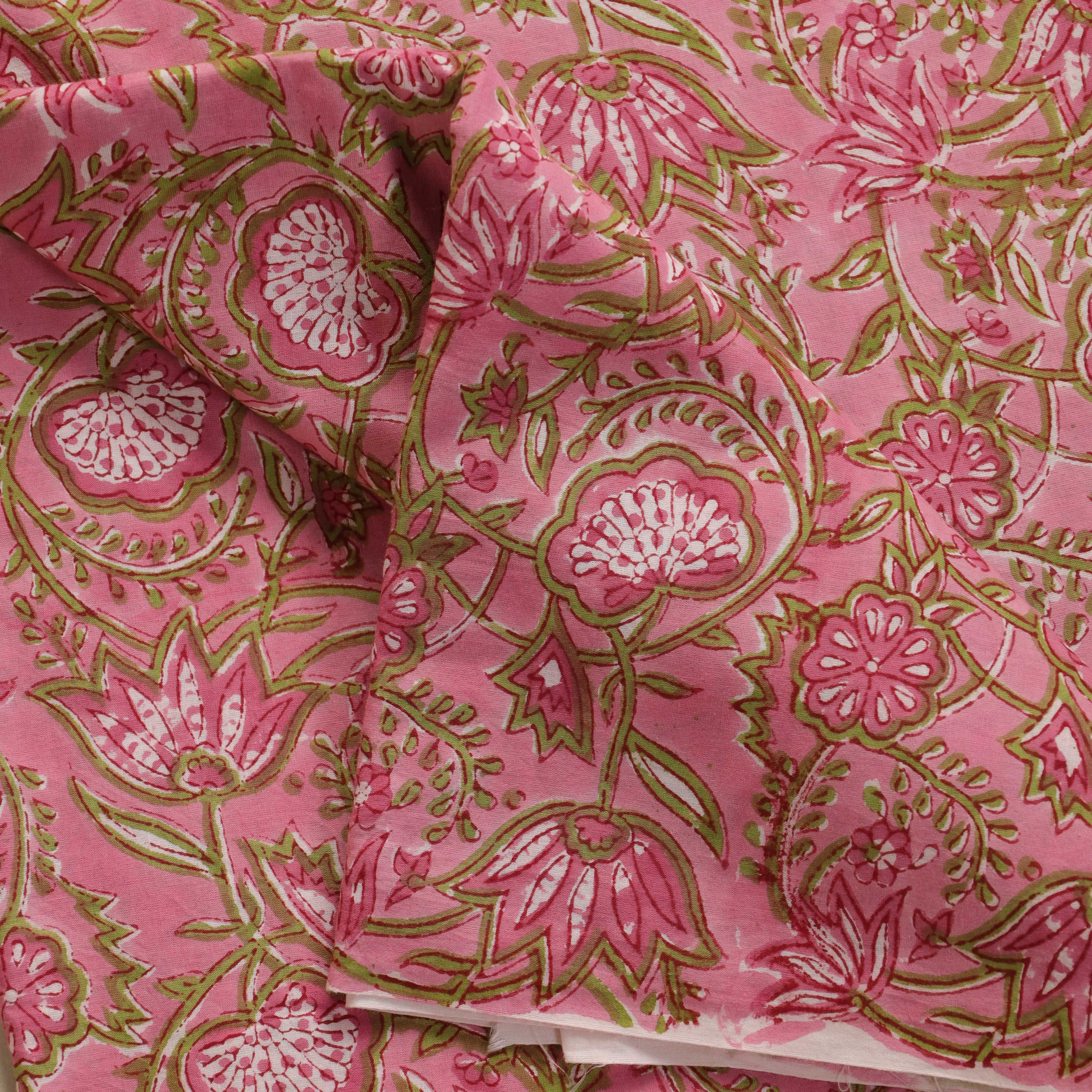 Heritage Rose Hand Block Printed Cotton Fabric - Sage & Pink Floral