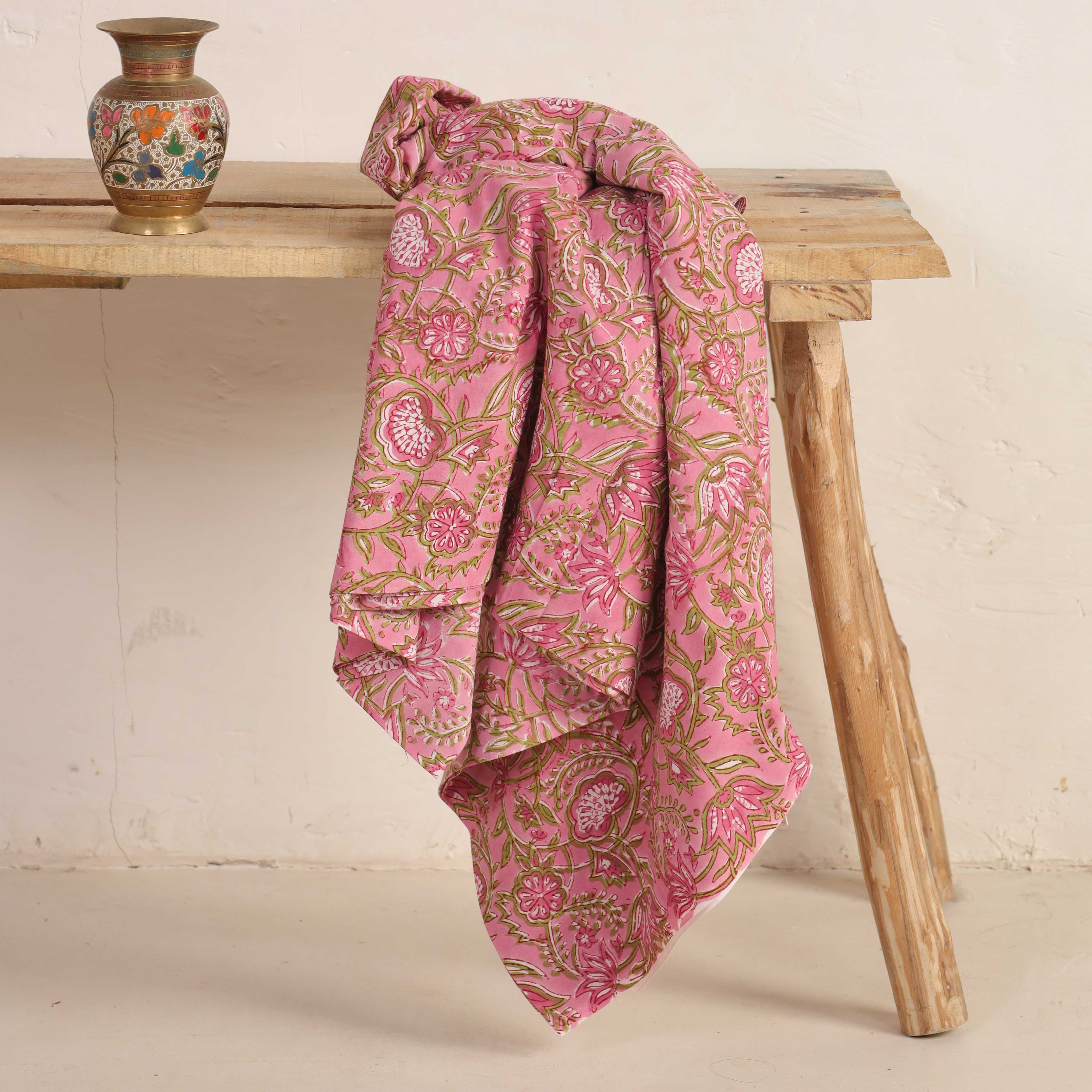 Heritage Rose Hand Block Printed Cotton Fabric - Sage & Pink Floral