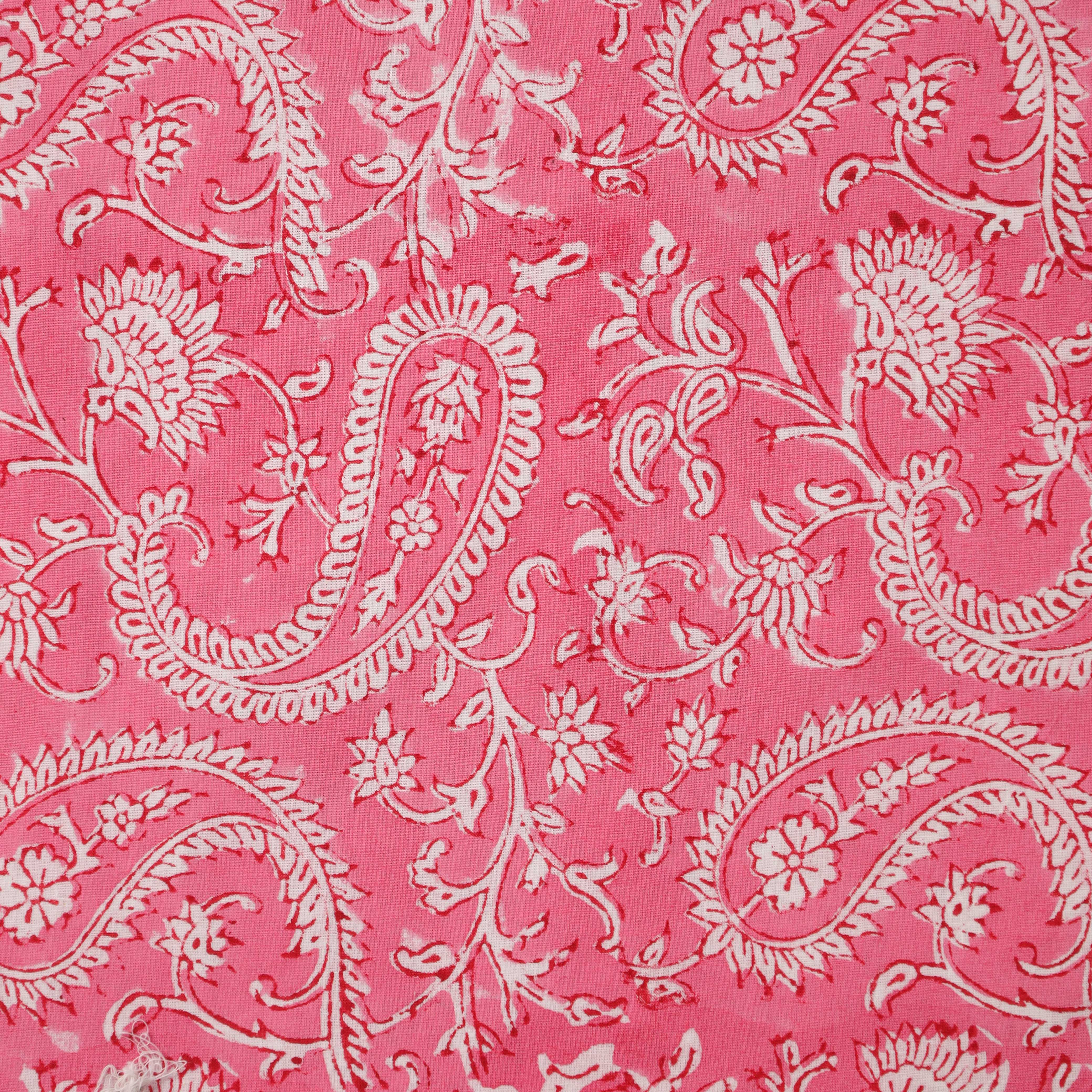 Artisan Hand Block Printed Cotton Fabric - Pink Floral Paisley Motif