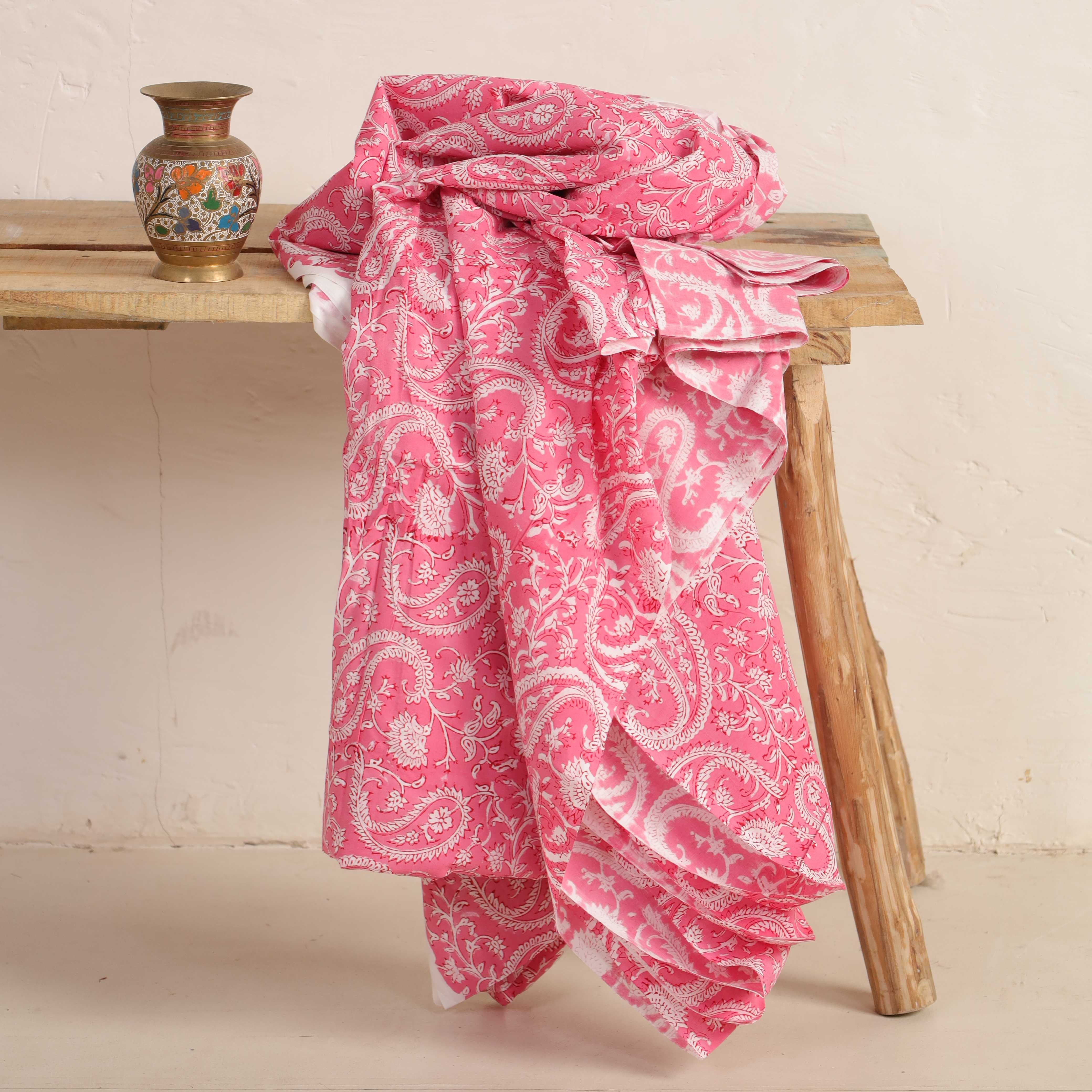 Artisan Hand Block Printed Cotton Fabric - Pink Floral Paisley Motif