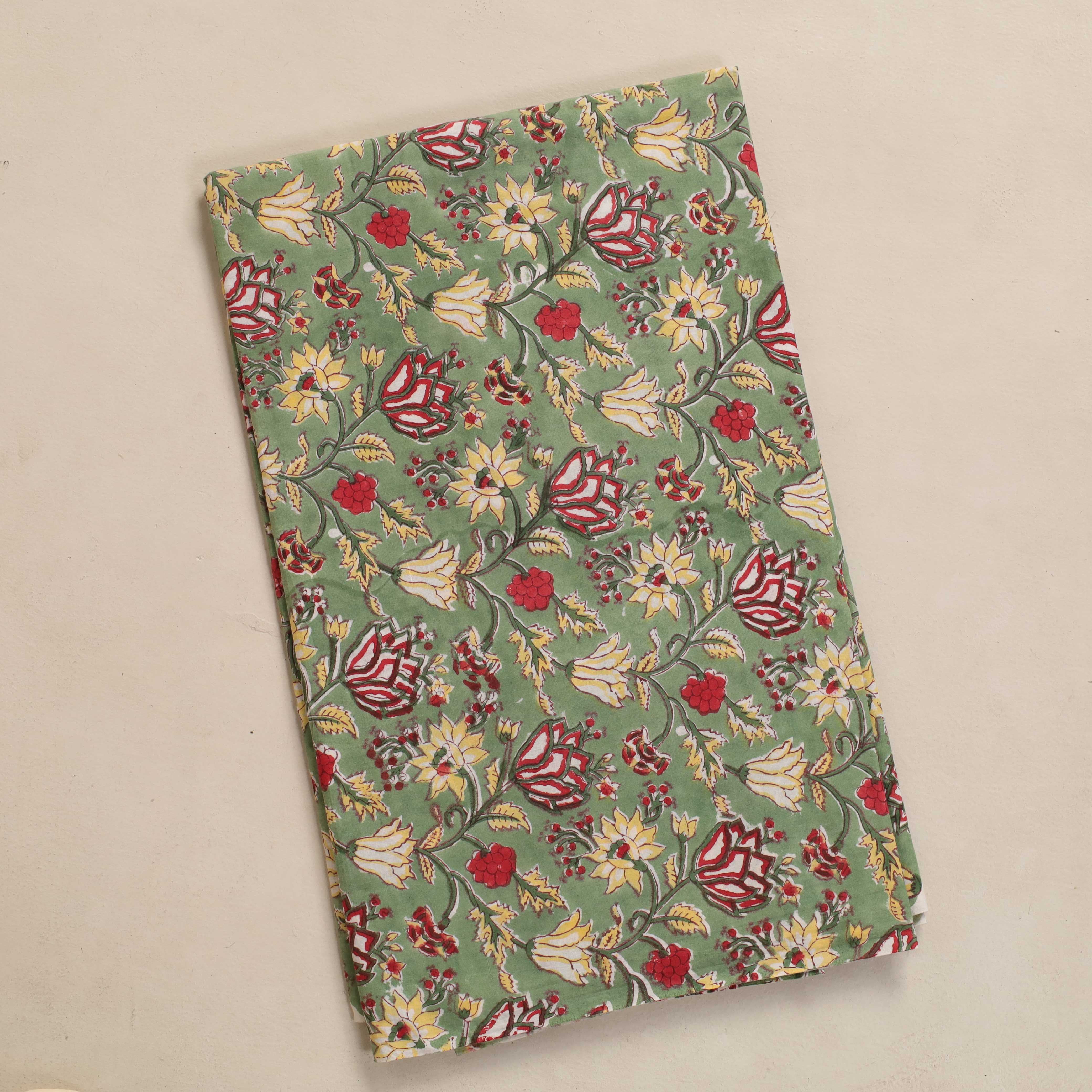 Premium Hand Block Printed Cotton Fabric - Floral Meadow in Sage Green