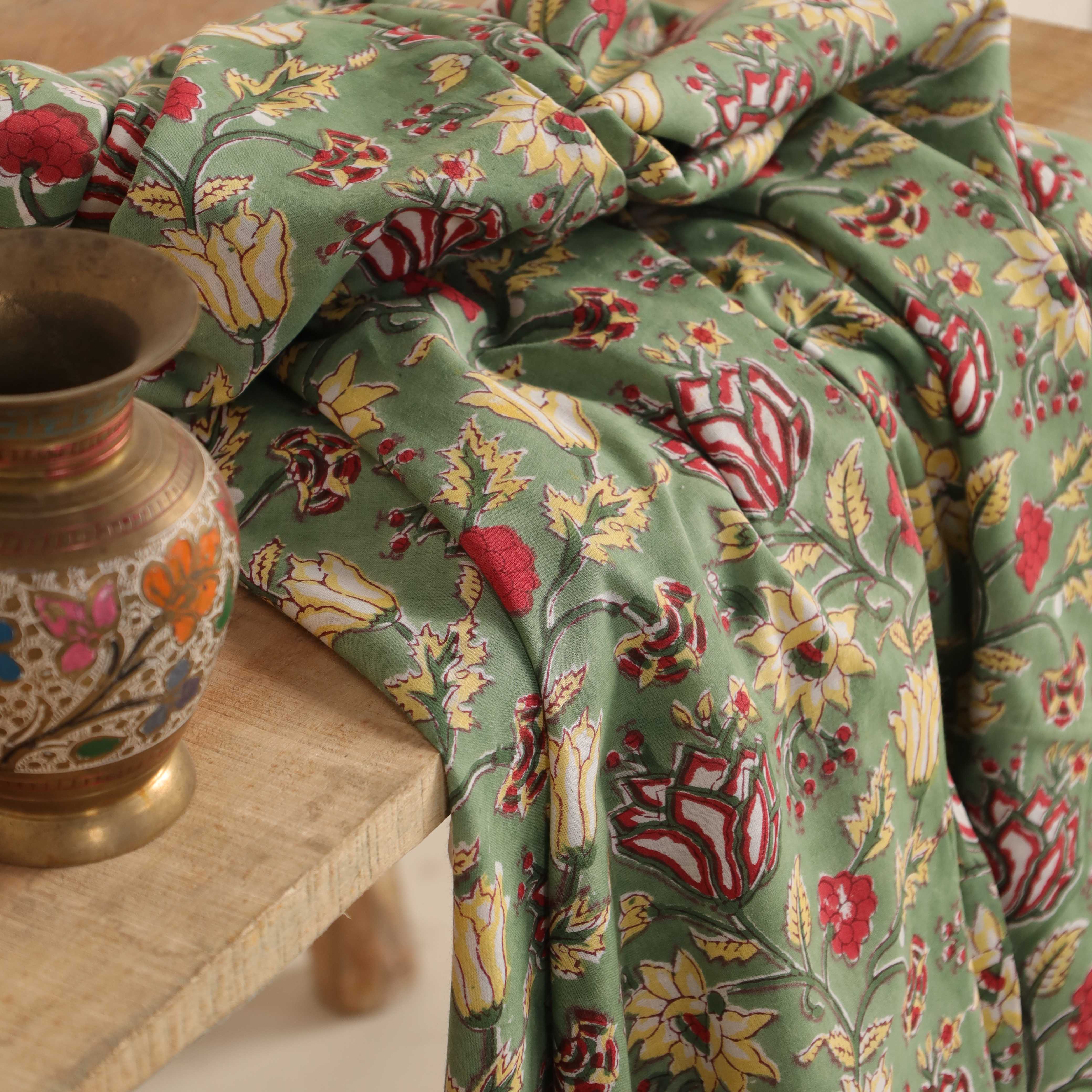 Premium Hand Block Printed Cotton Fabric - Floral Meadow in Sage Green