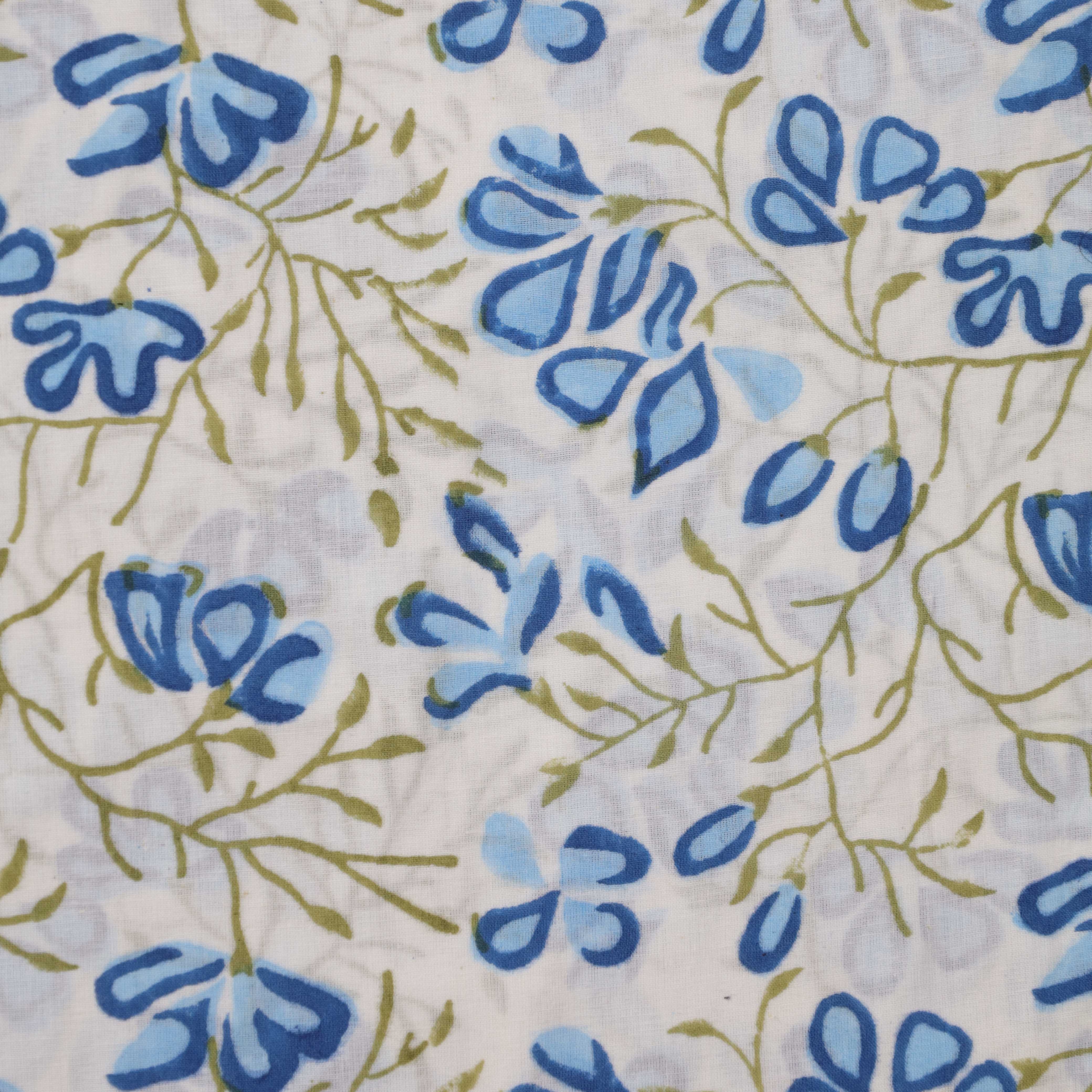 Premium Hand Block Printed Cotton Fabric - Azure Floral on Crisp White