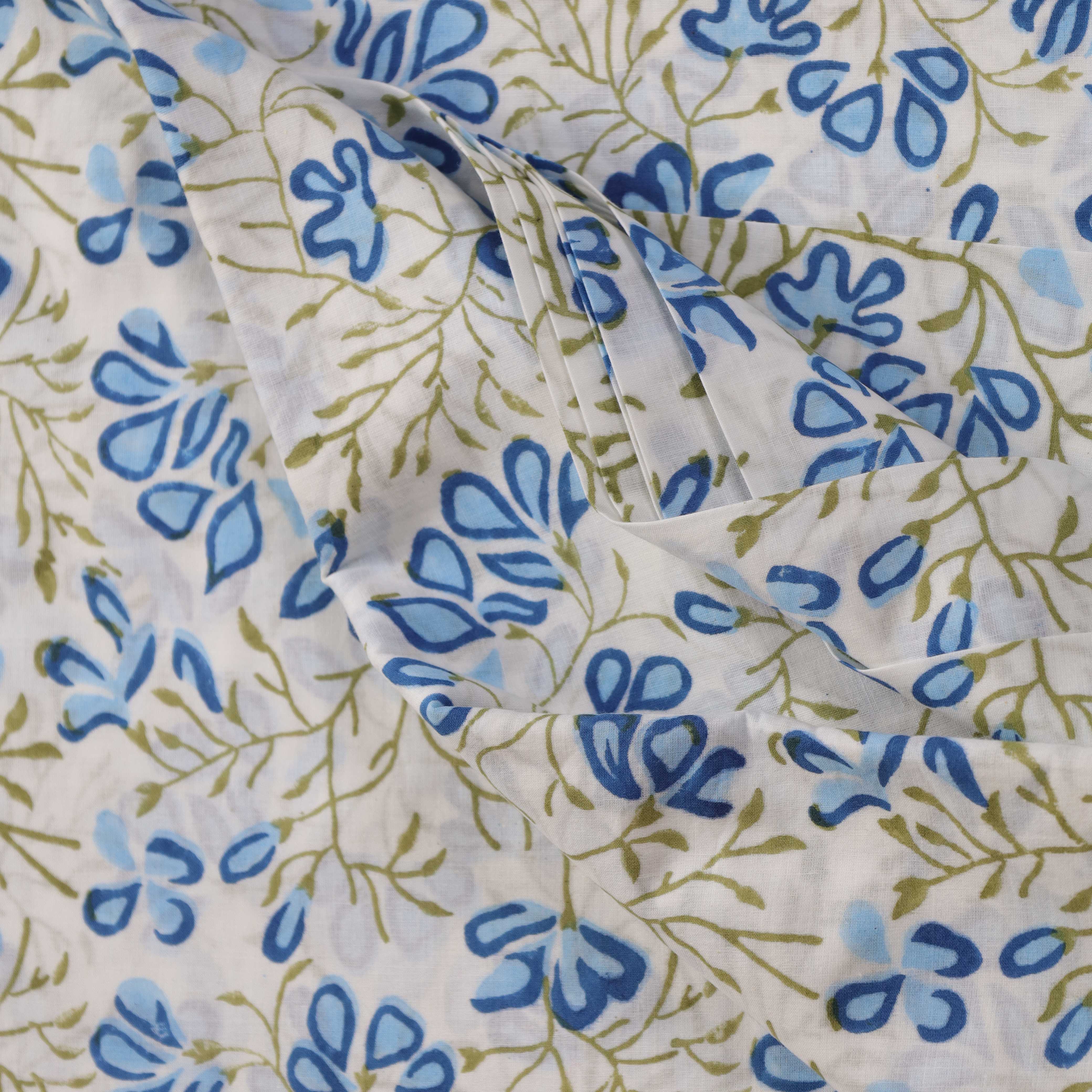 Premium Hand Block Printed Cotton Fabric - Azure Floral on Crisp White