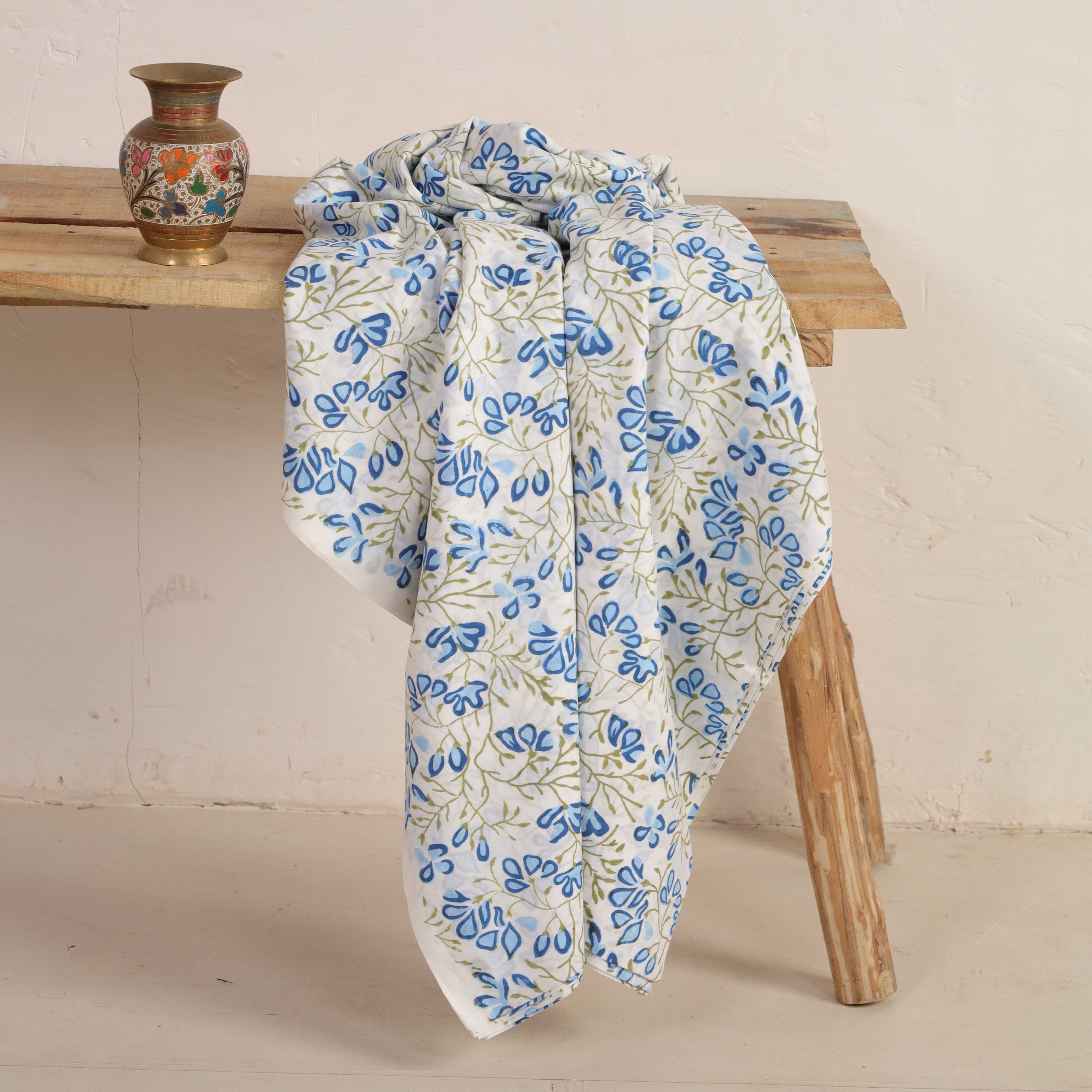 Premium Hand Block Printed Cotton Fabric - Azure Floral on Crisp White