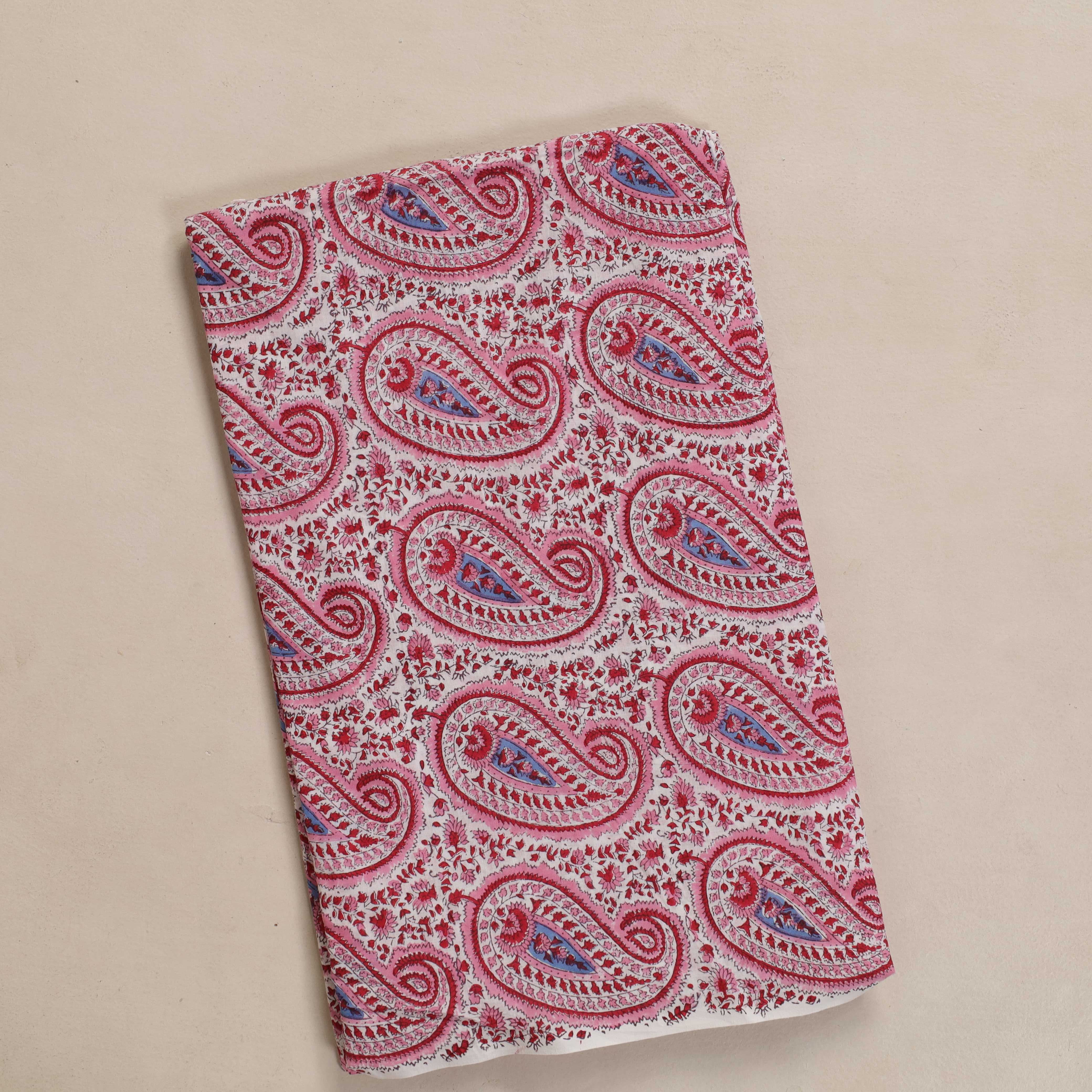 Hand Block Printed Cotton Fabric - Pink and Blue Paisley Motif
