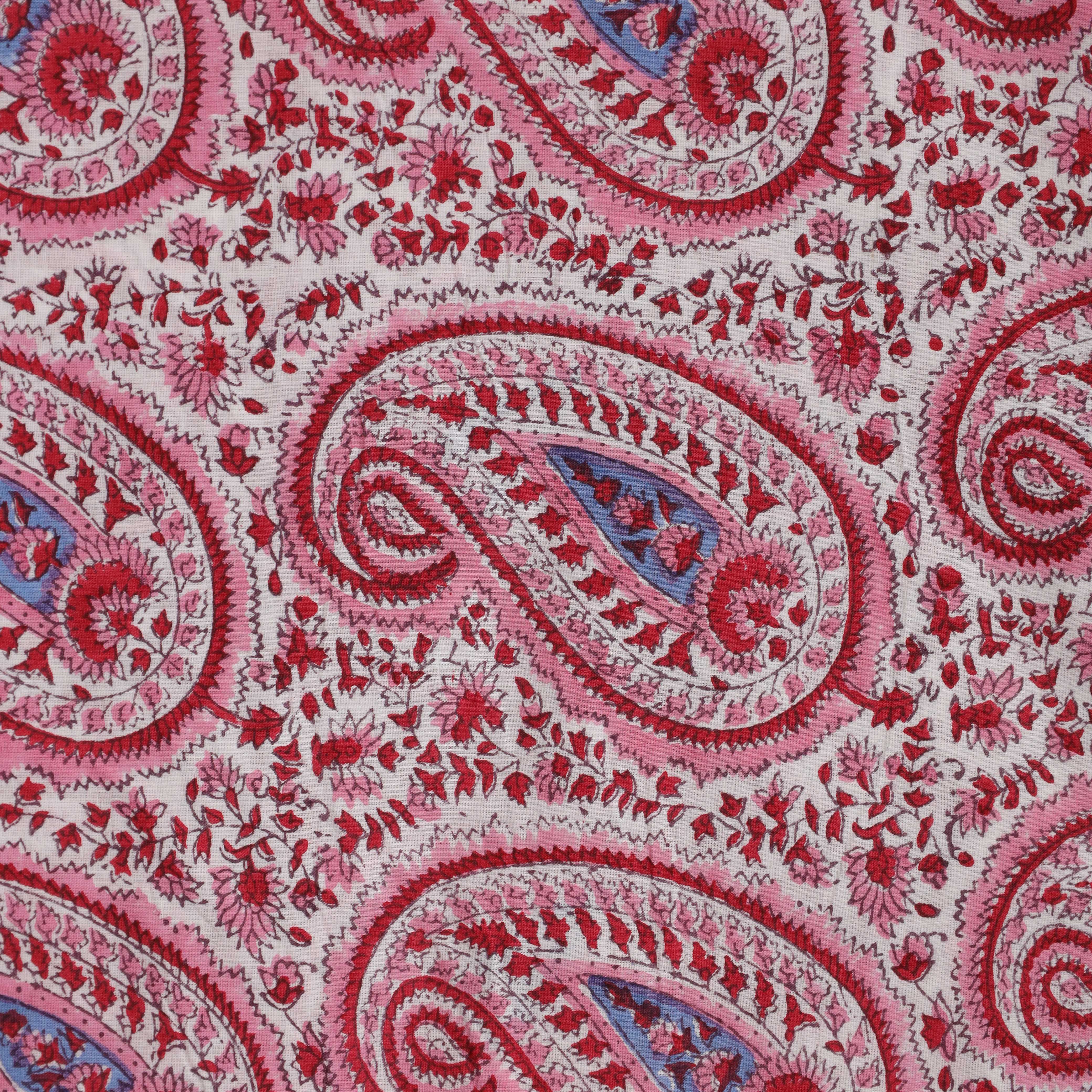 Hand Block Printed Cotton Fabric - Pink and Blue Paisley Motif