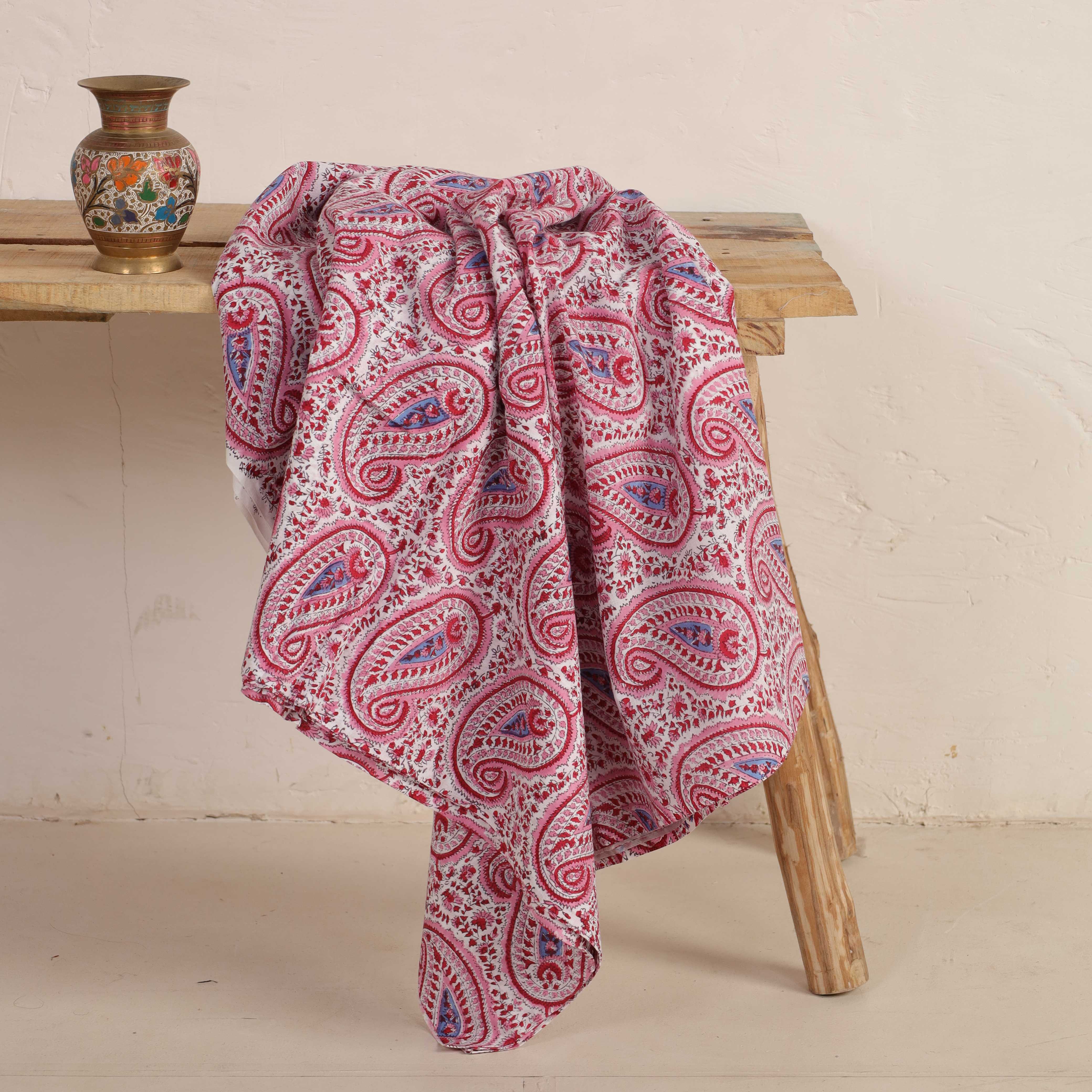 Hand Block Printed Cotton Fabric - Pink and Blue Paisley Motif
