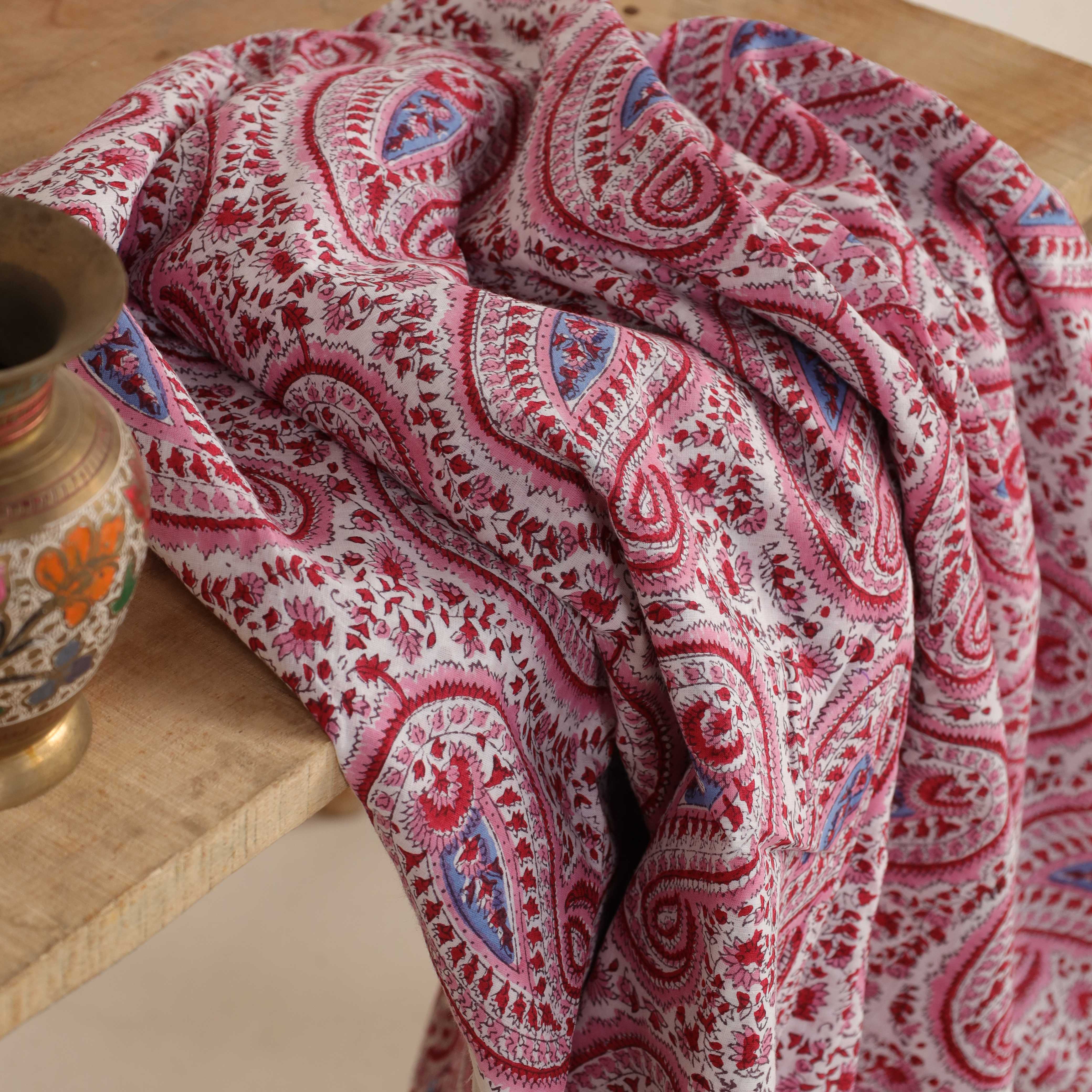 Hand Block Printed Cotton Fabric - Pink and Blue Paisley Motif