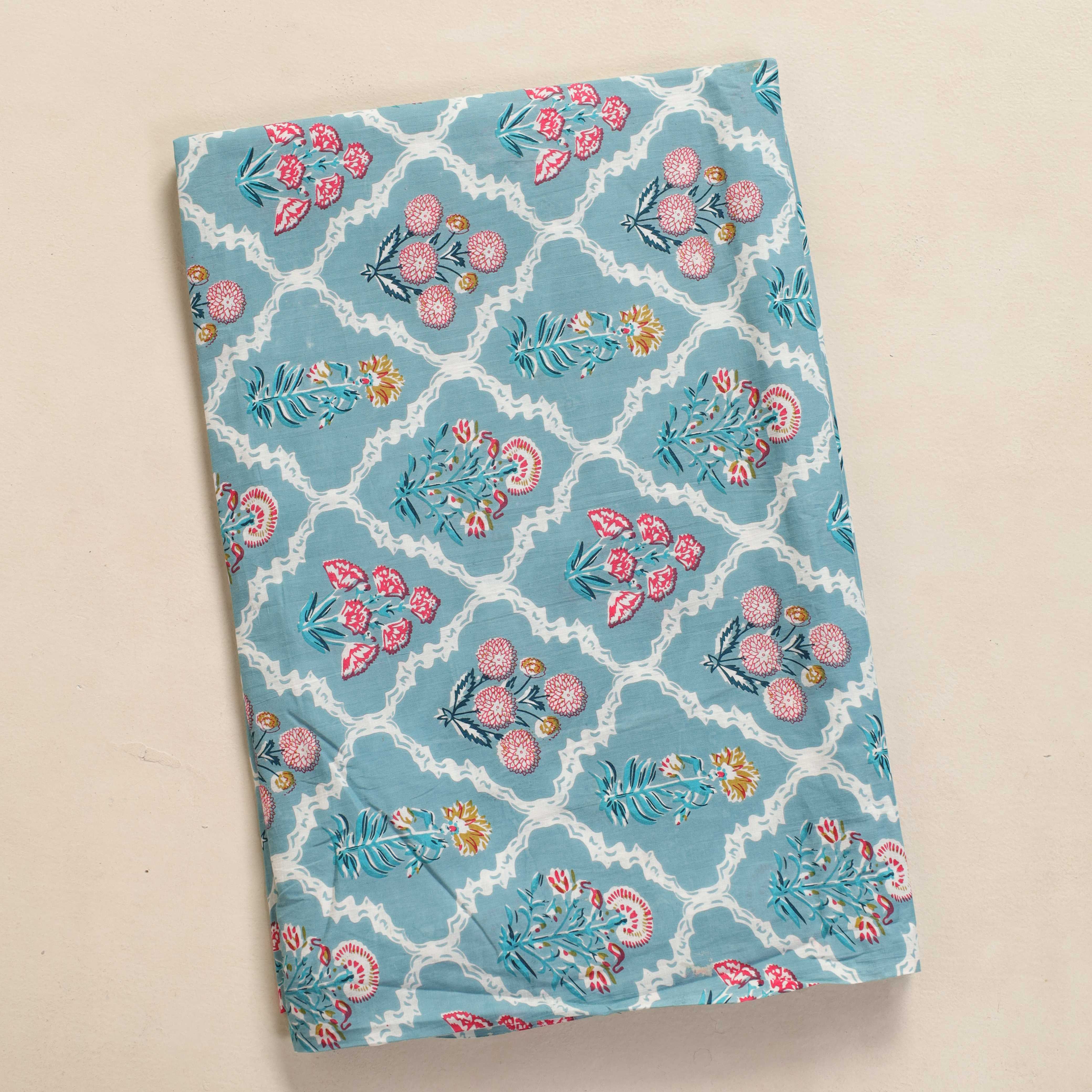 Hand Block Printed Cotton Fabric - Blue Lattice Floral Motif