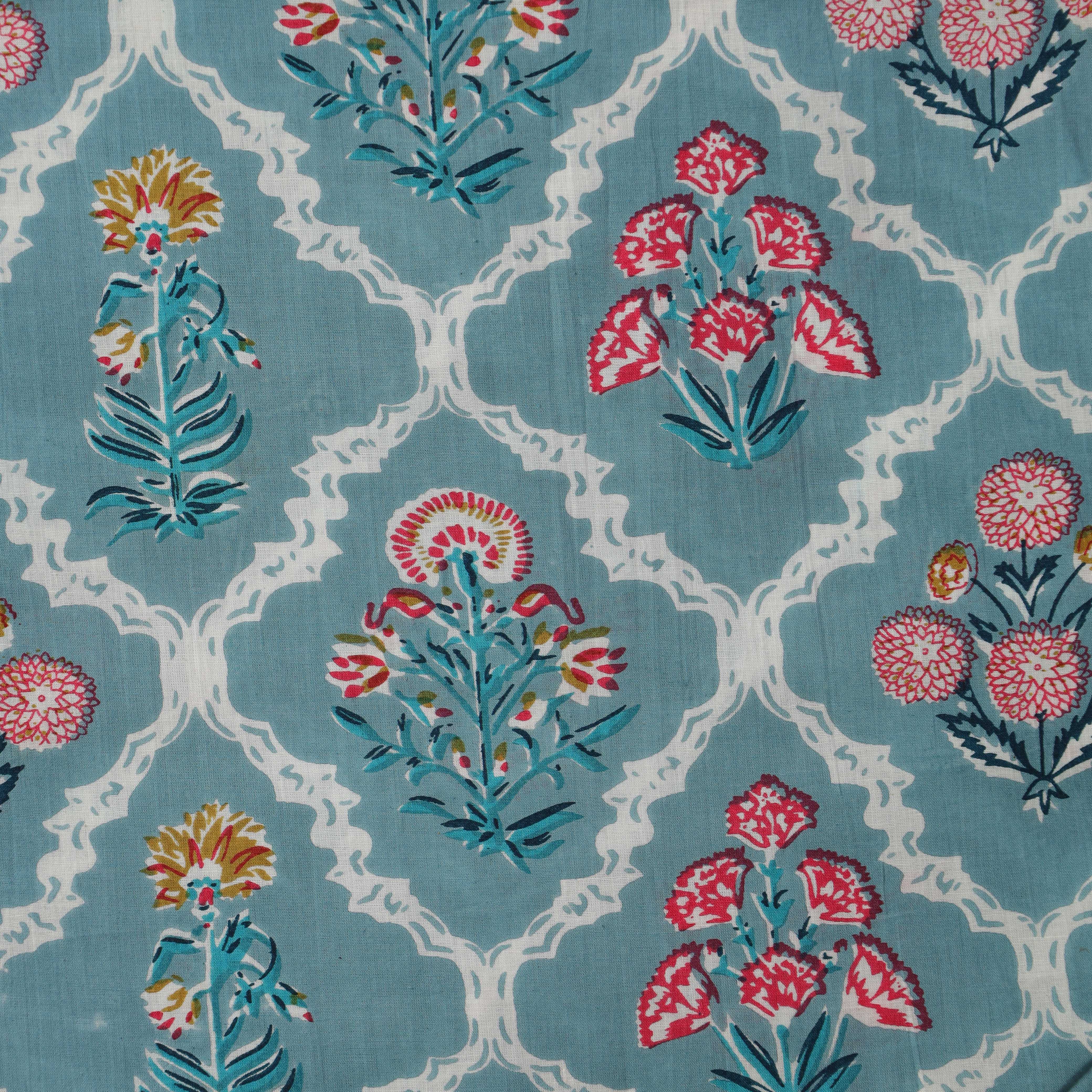 Hand Block Printed Cotton Fabric - Blue Lattice Floral Motif