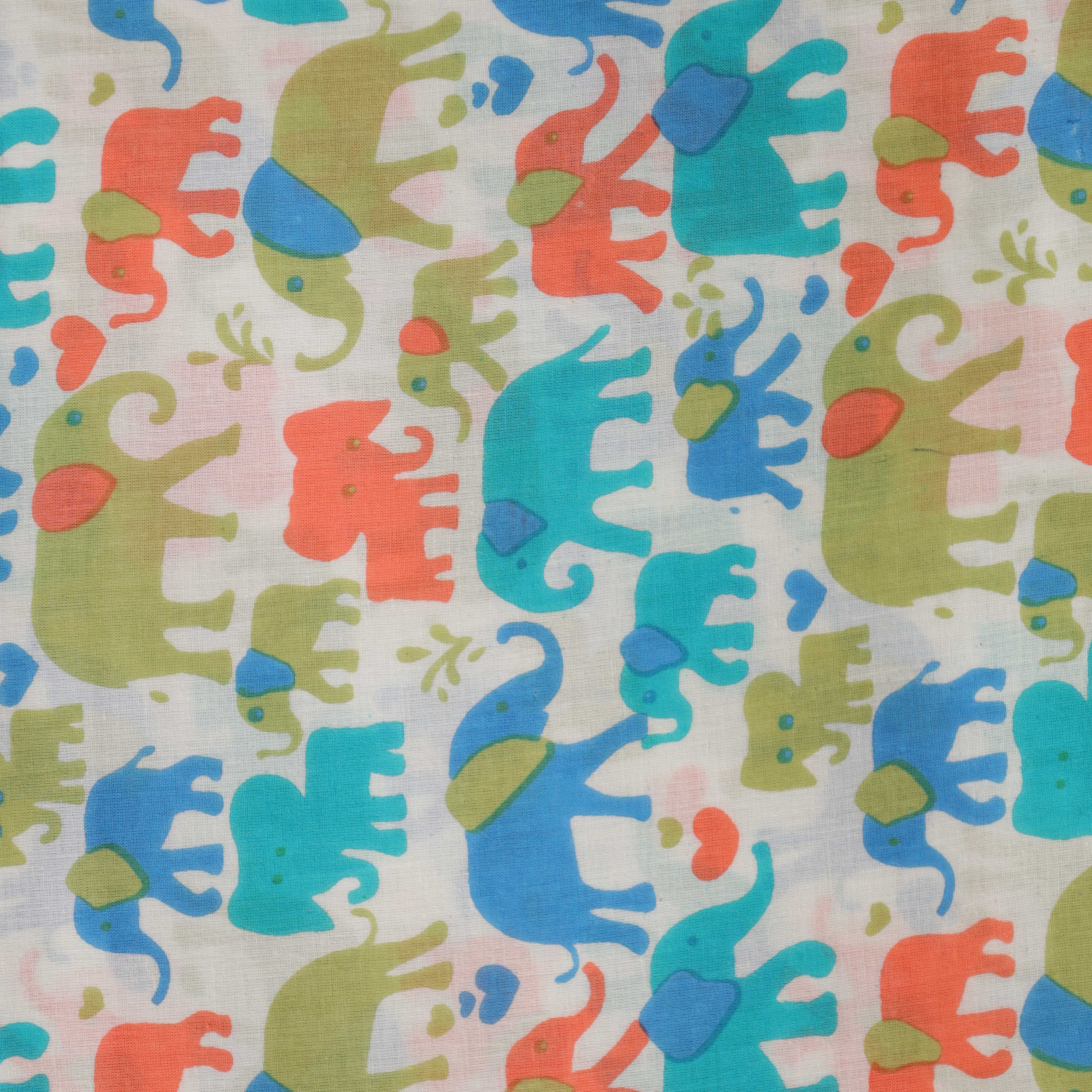 Premium Hand Block Printed Cotton Fabric - Playful Artisan Elephant Motif