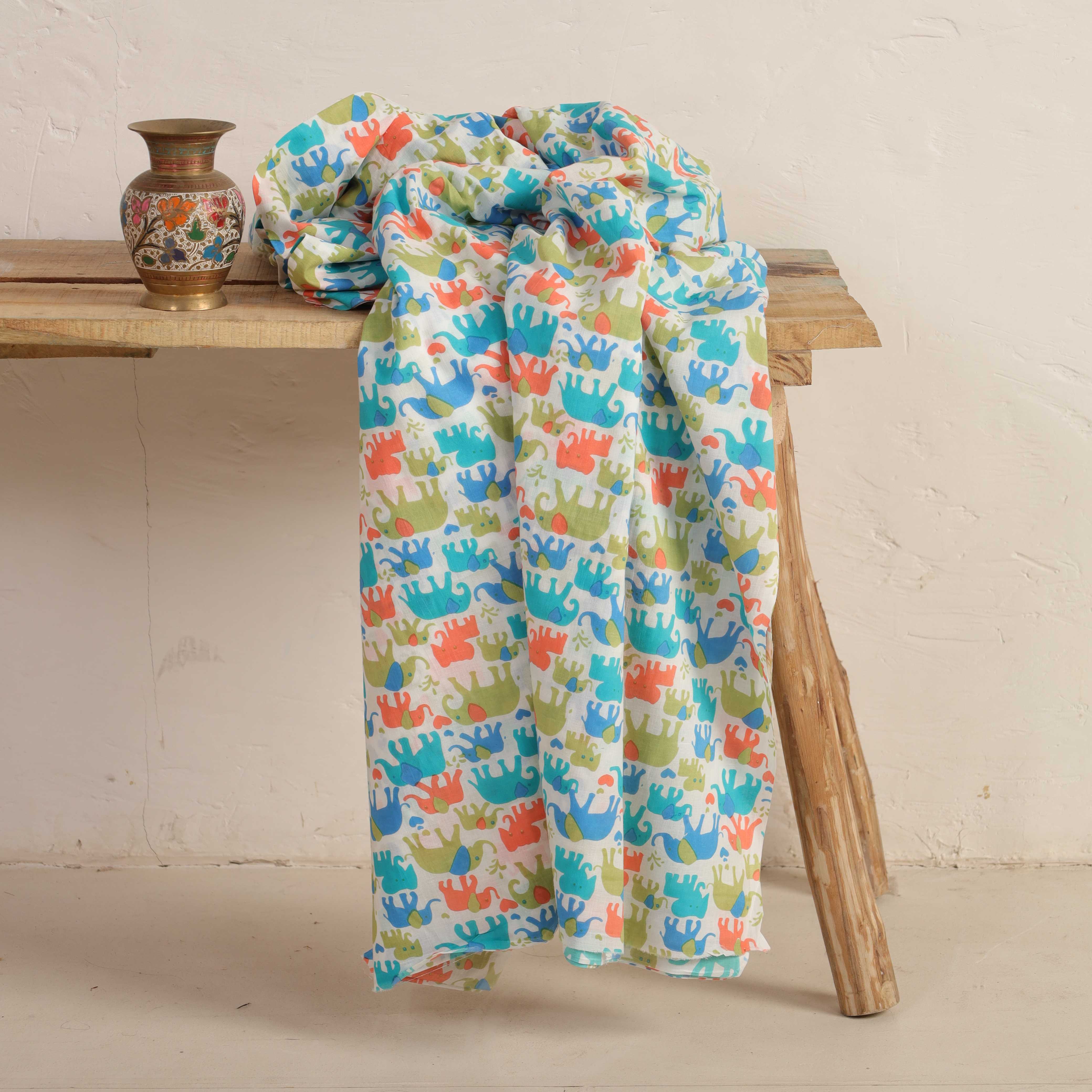 Premium Hand Block Printed Cotton Fabric - Playful Artisan Elephant Motif