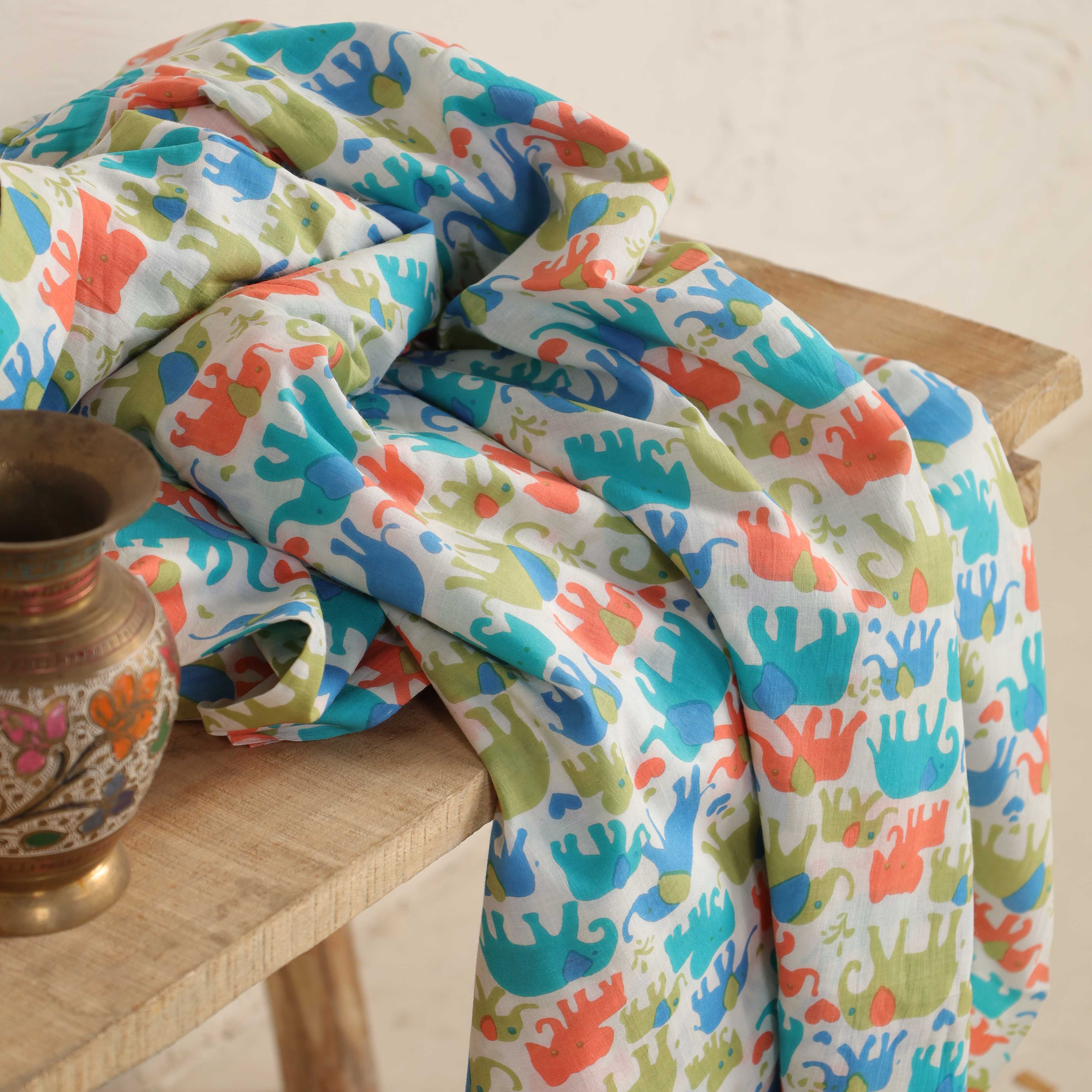 Premium Hand Block Printed Cotton Fabric - Playful Artisan Elephant Motif