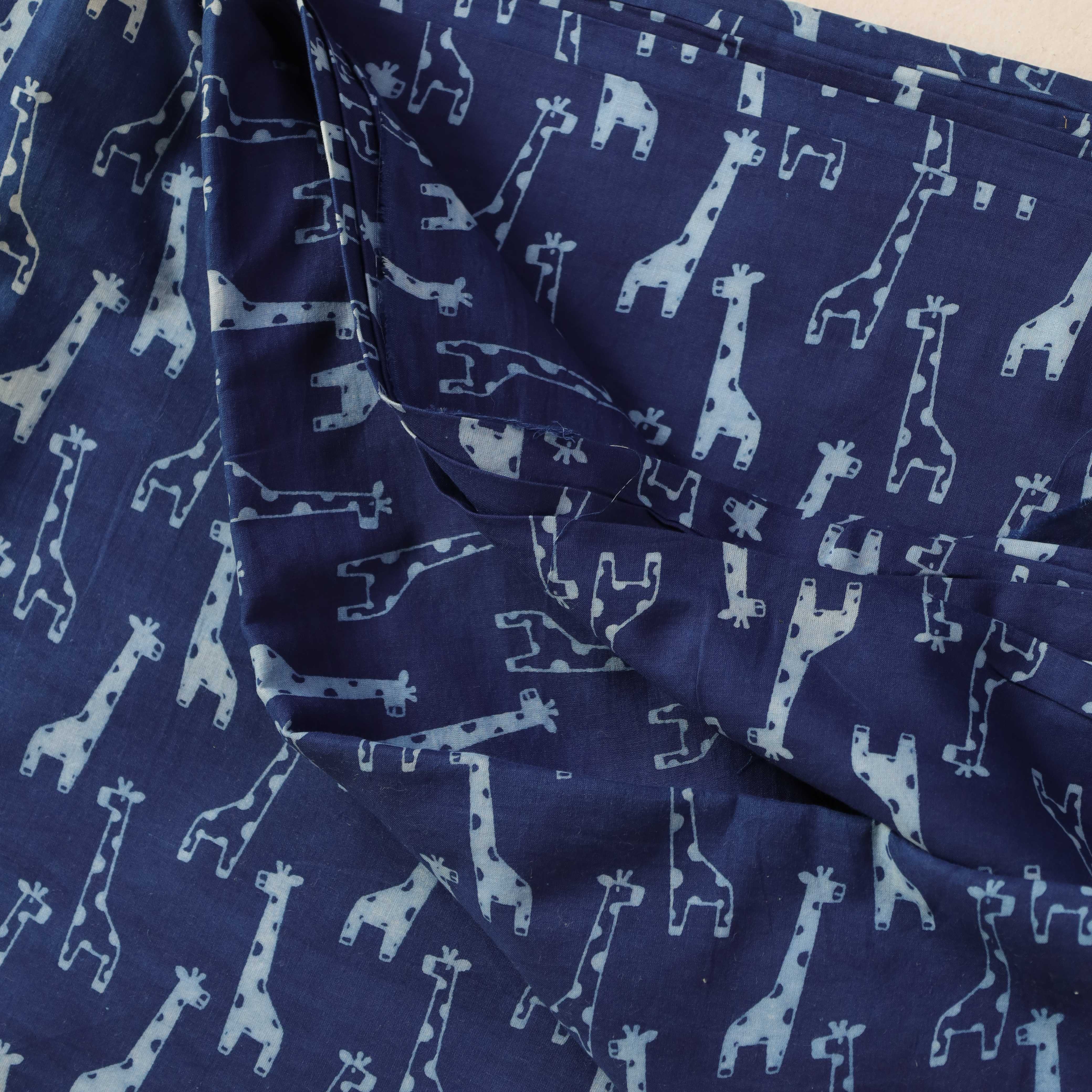 Indigo Giraffe Hand Block Printed Cotton Fabric - Deep Navy Artisan Textile
