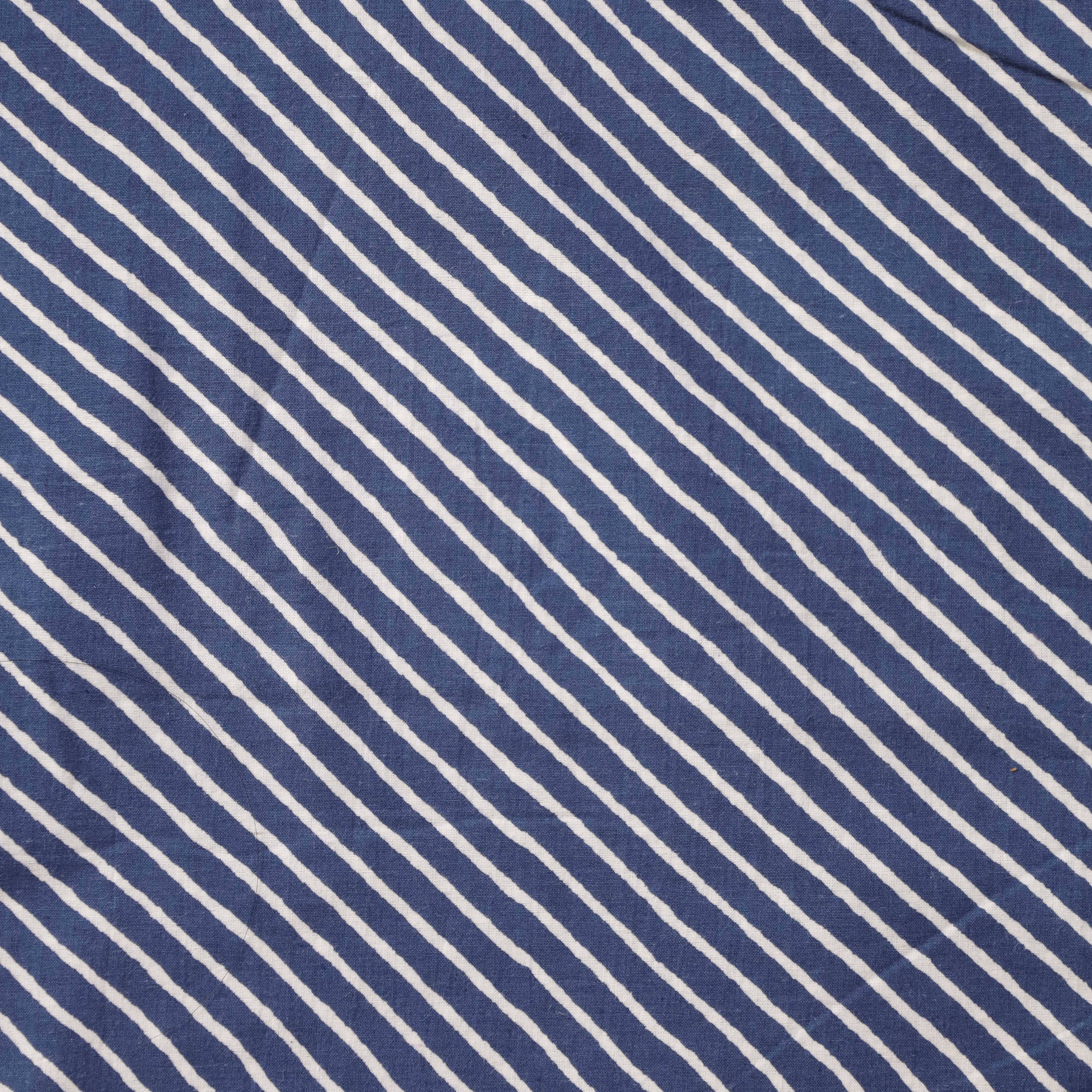 Premium Indigo Diagonal Stripe Hand Block Printed Cotton Fabric