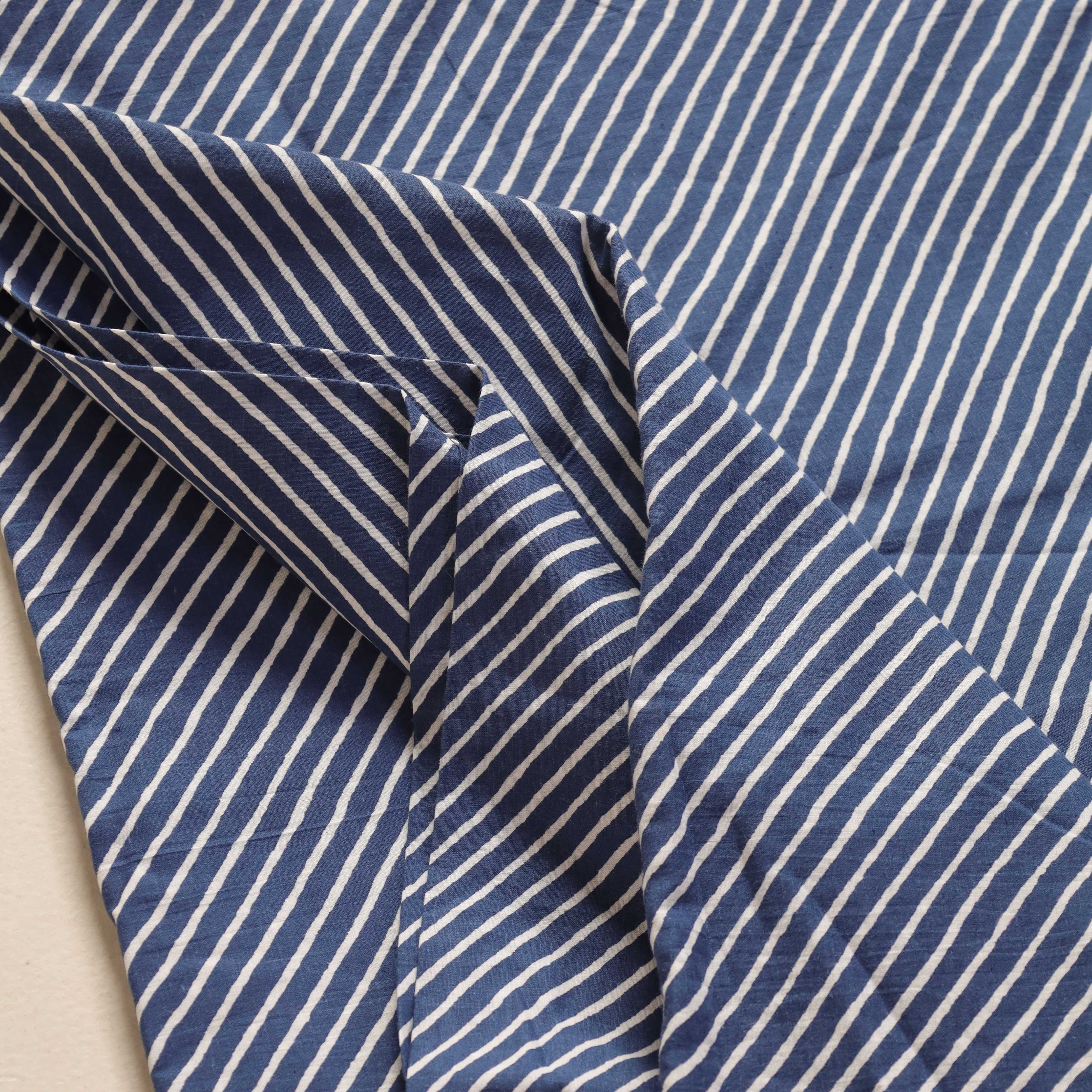 Premium Indigo Diagonal Stripe Hand Block Printed Cotton Fabric