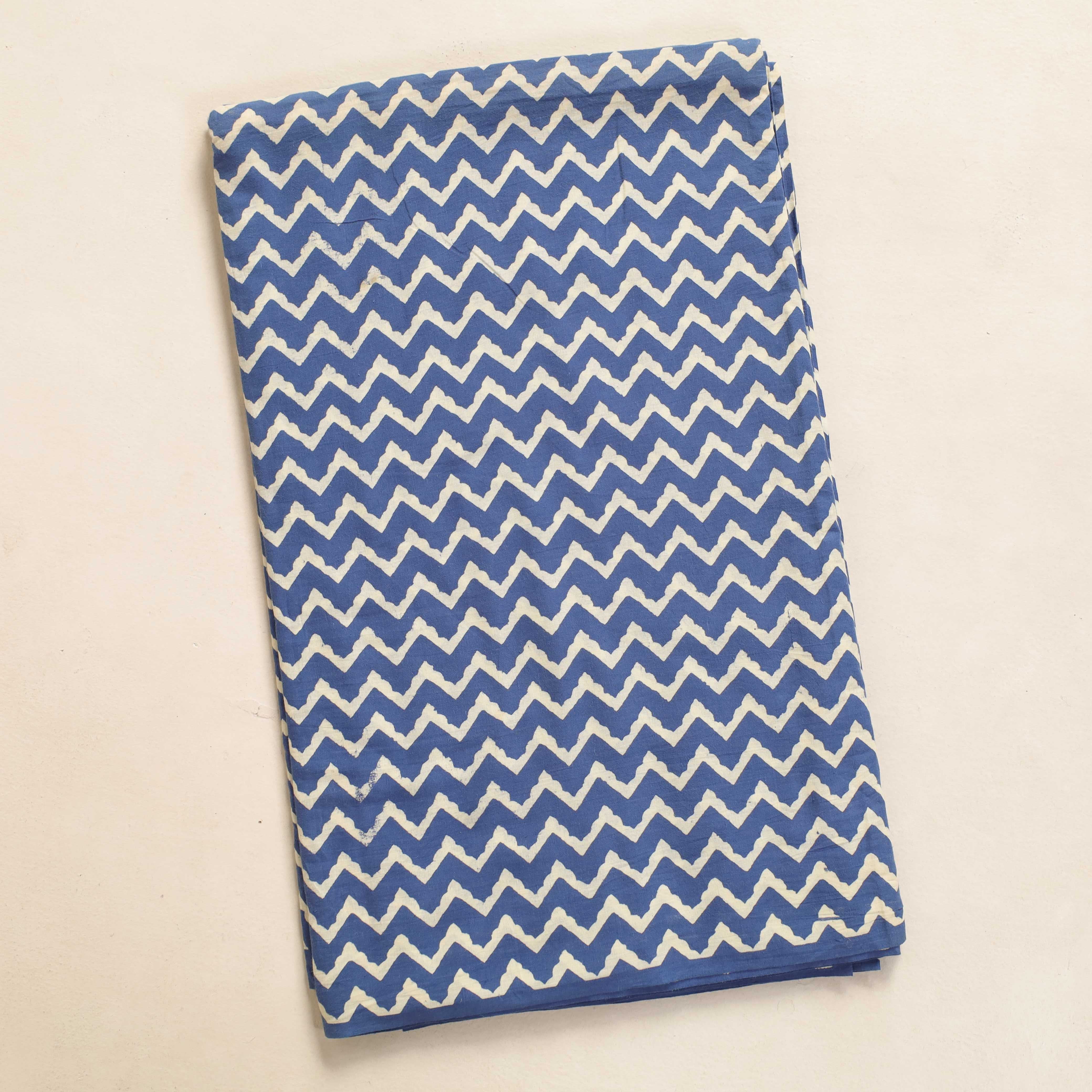 Premium Blue Chevron Hand Block Printed Cotton Fabric — Artisan Zigzag Textile