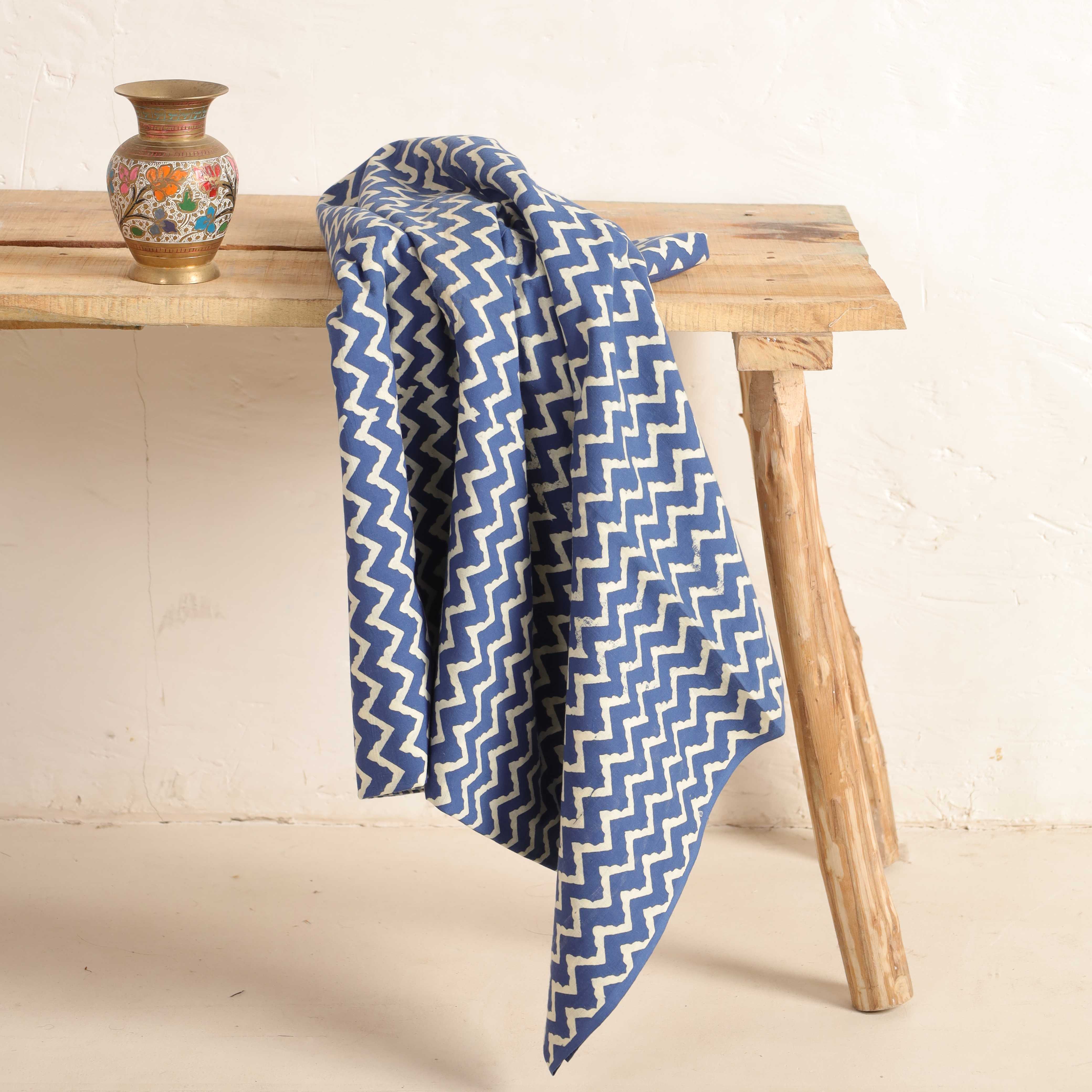 Premium Blue Chevron Hand Block Printed Cotton Fabric — Artisan Zigzag Textile