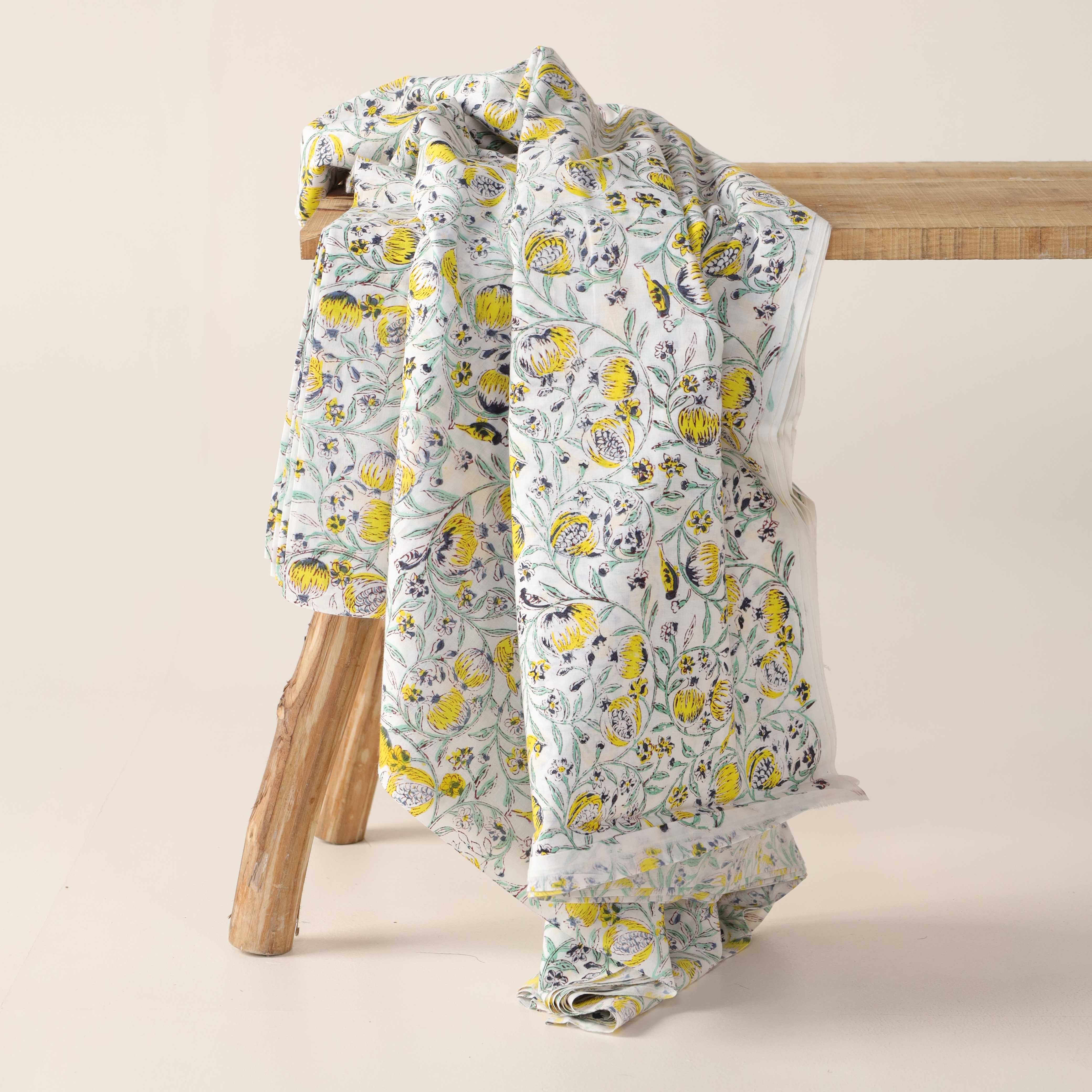 Premium Yellow Pomegranate Floral Hand Block Printed Cotton Fabric