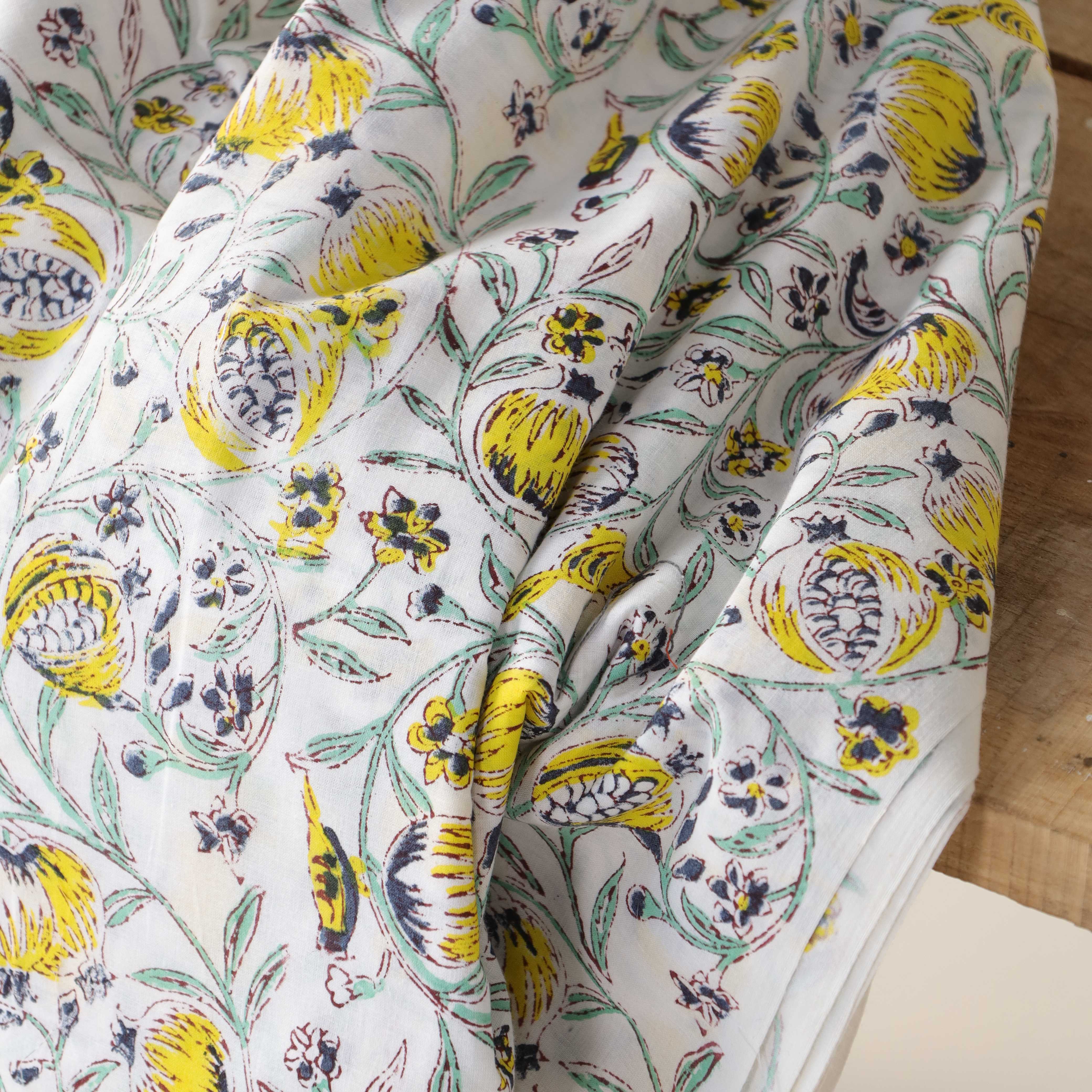 Premium Yellow Pomegranate Floral Hand Block Printed Cotton Fabric