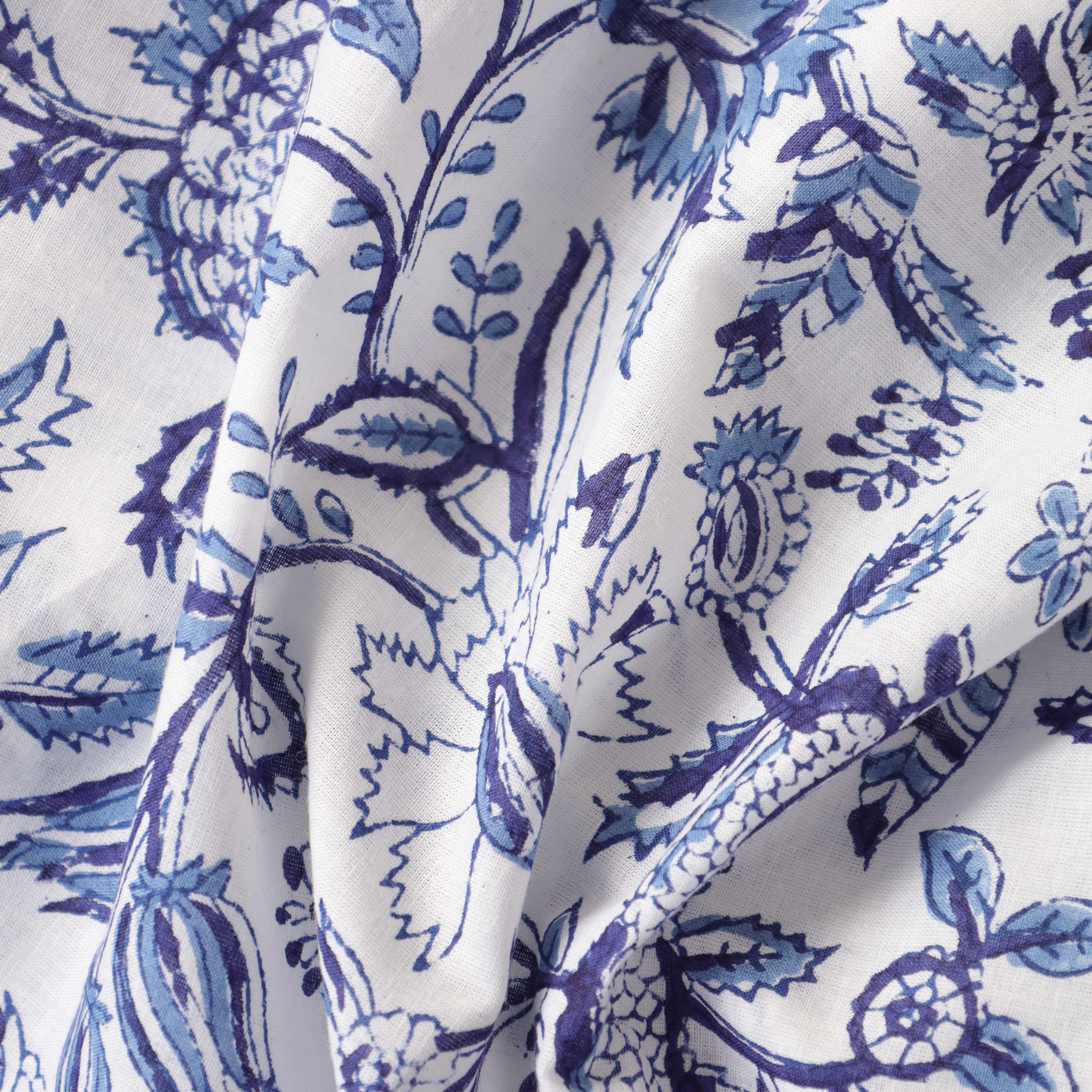 Premium Blue Botanical Motif Hand Block Printed Cotton Fabric