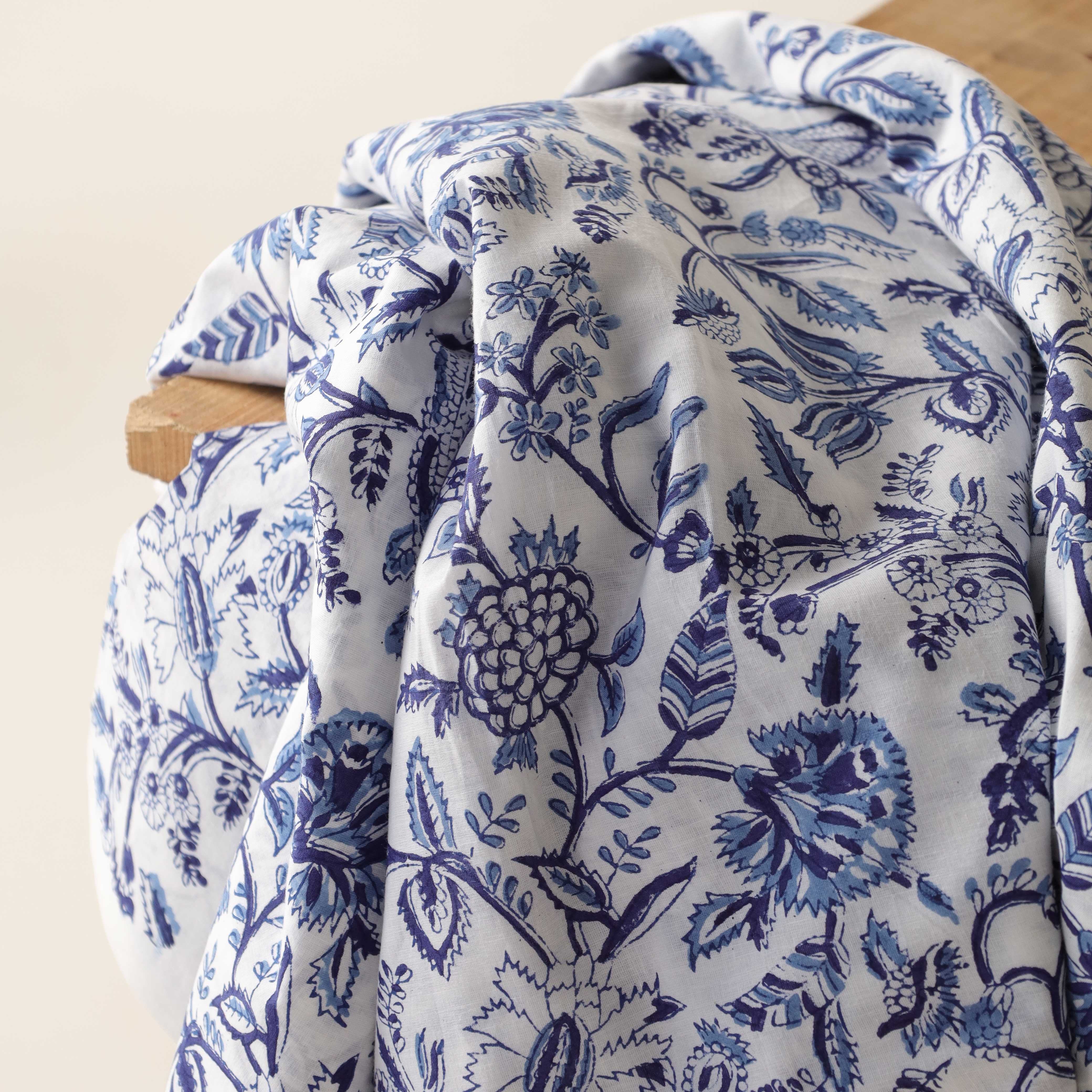 Premium Blue Botanical Motif Hand Block Printed Cotton Fabric