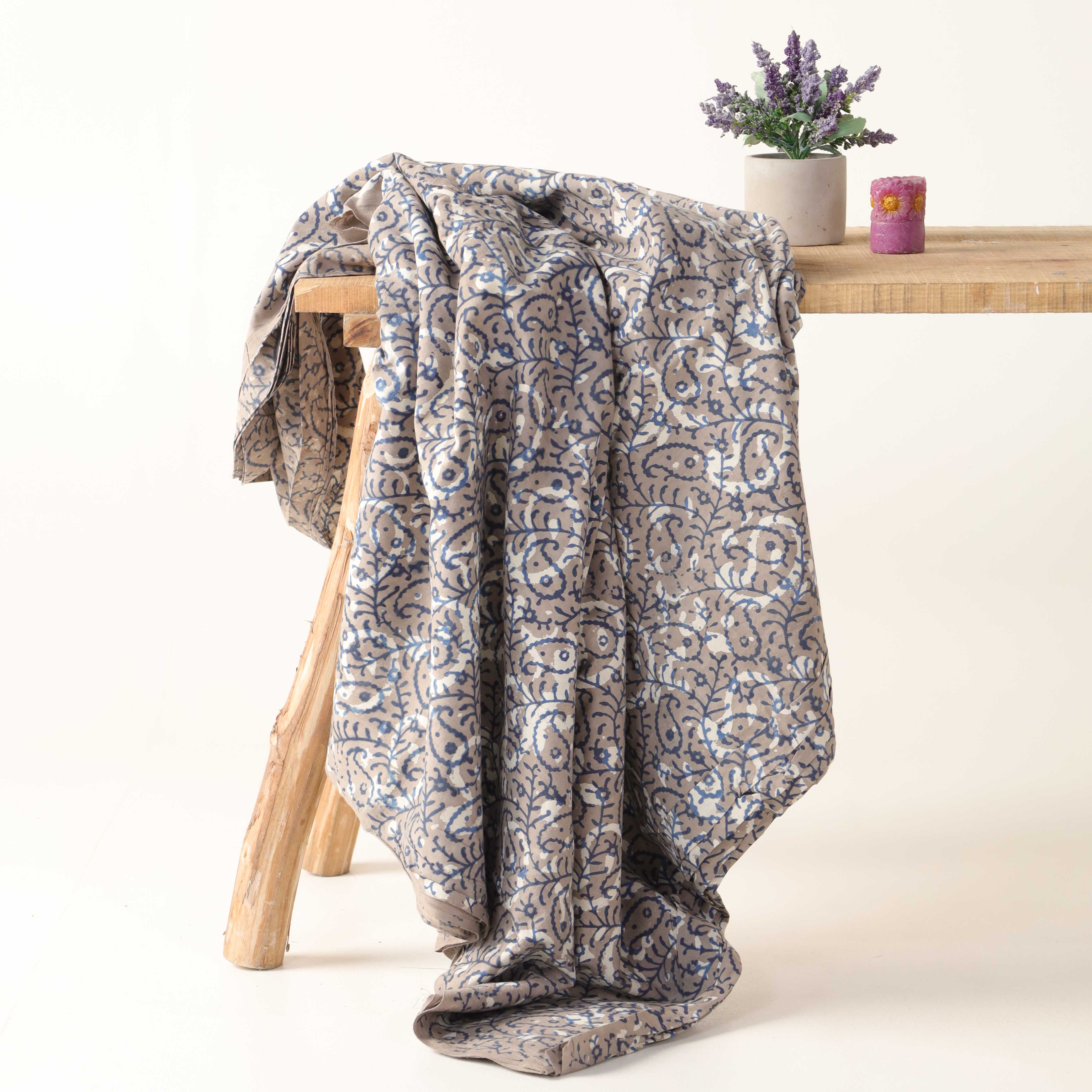 Premium Grey Paisley Hand Block Printed Cotton Fabric — Artisan Heritage Textile