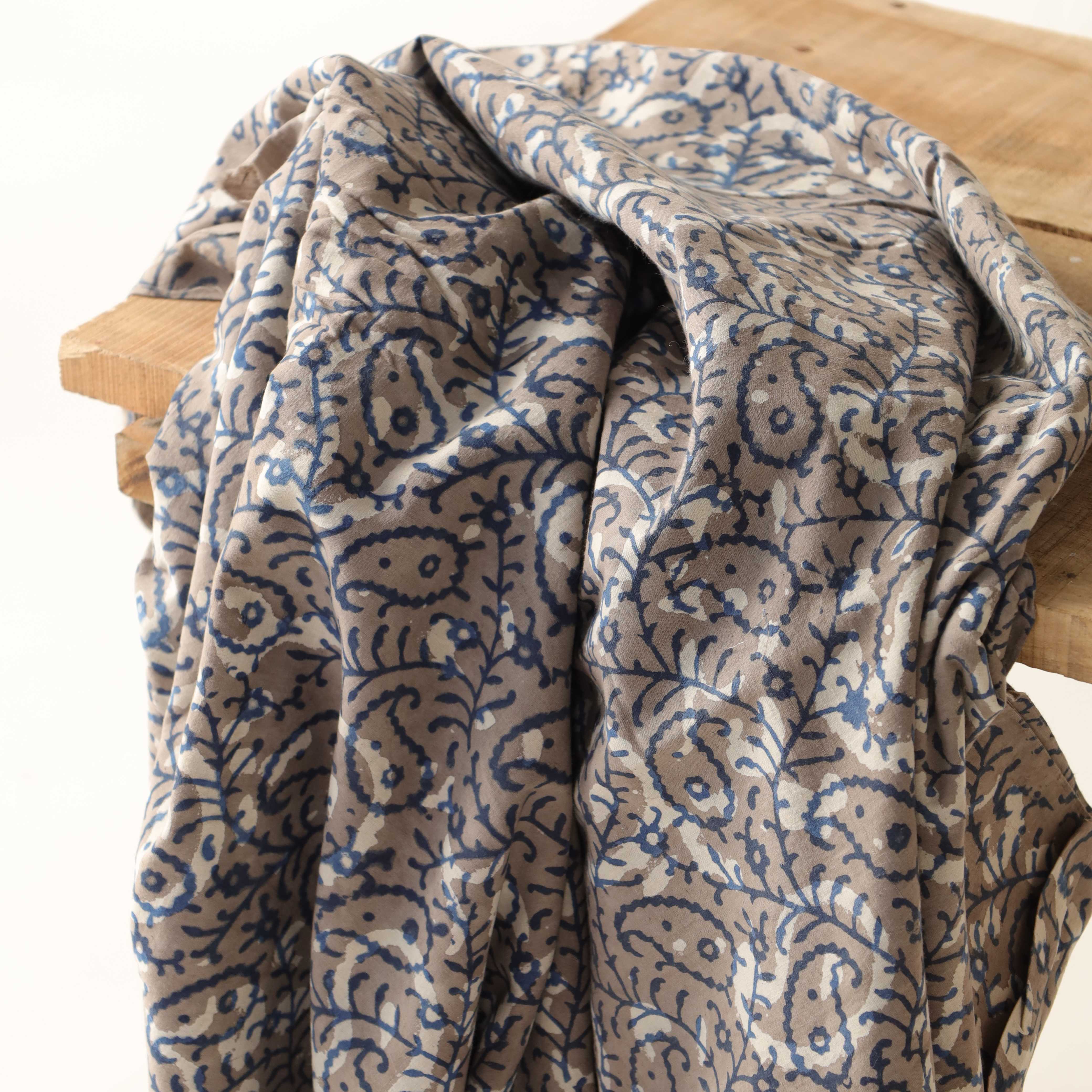 Premium Grey Paisley Hand Block Printed Cotton Fabric — Artisan Heritage Textile