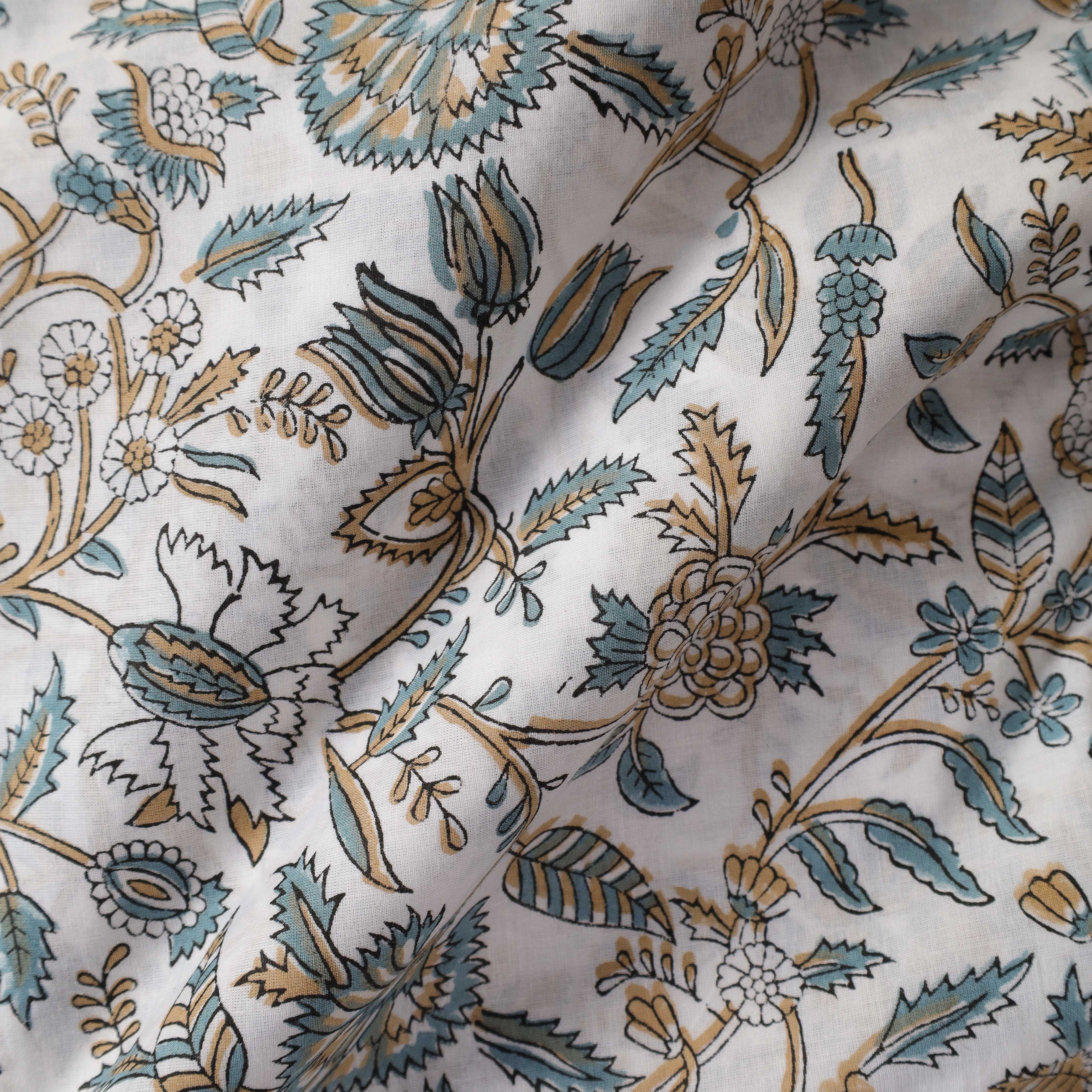 Premium Teal & Ochre Botanical Hand Block Printed Cotton Fabric