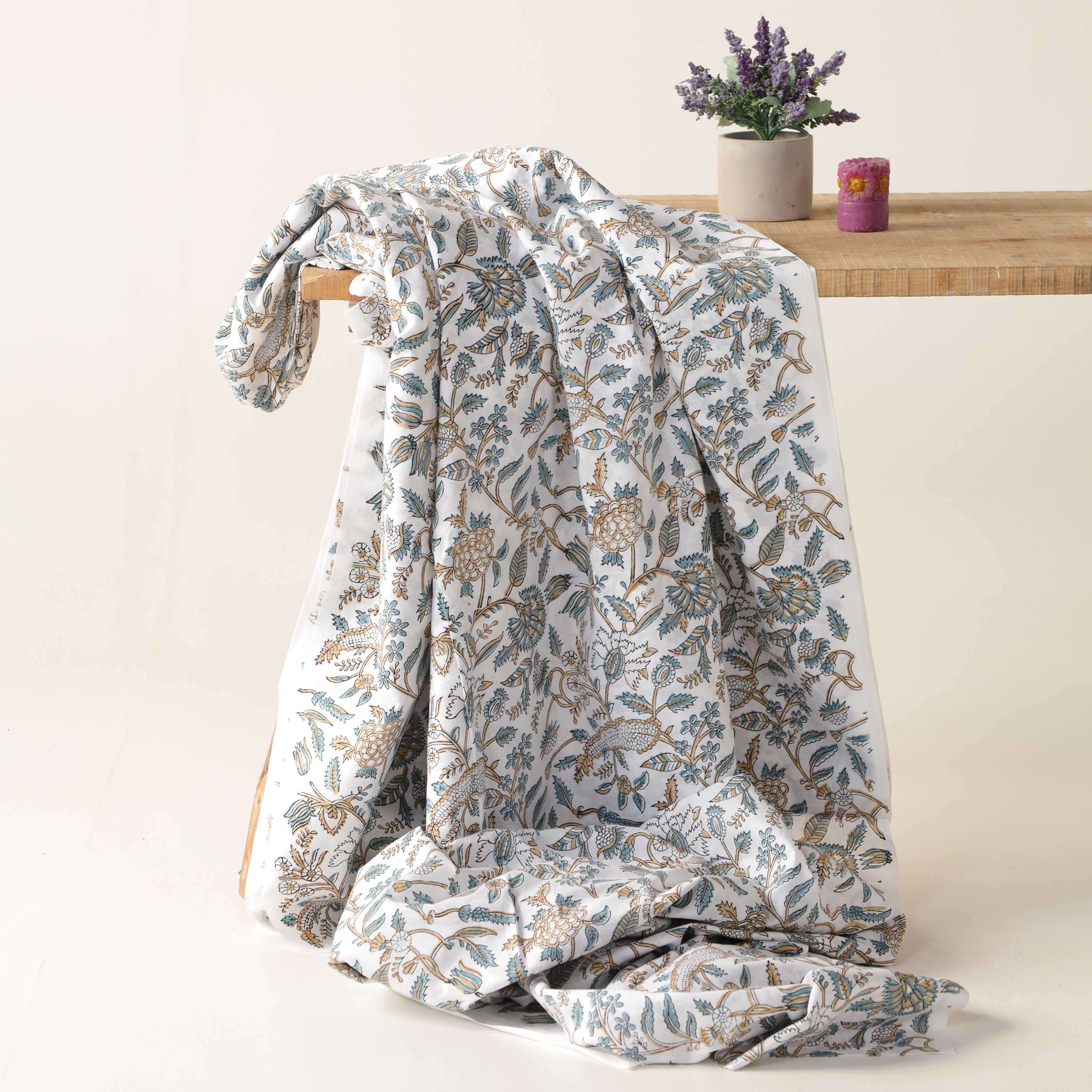 Premium Teal & Ochre Botanical Hand Block Printed Cotton Fabric