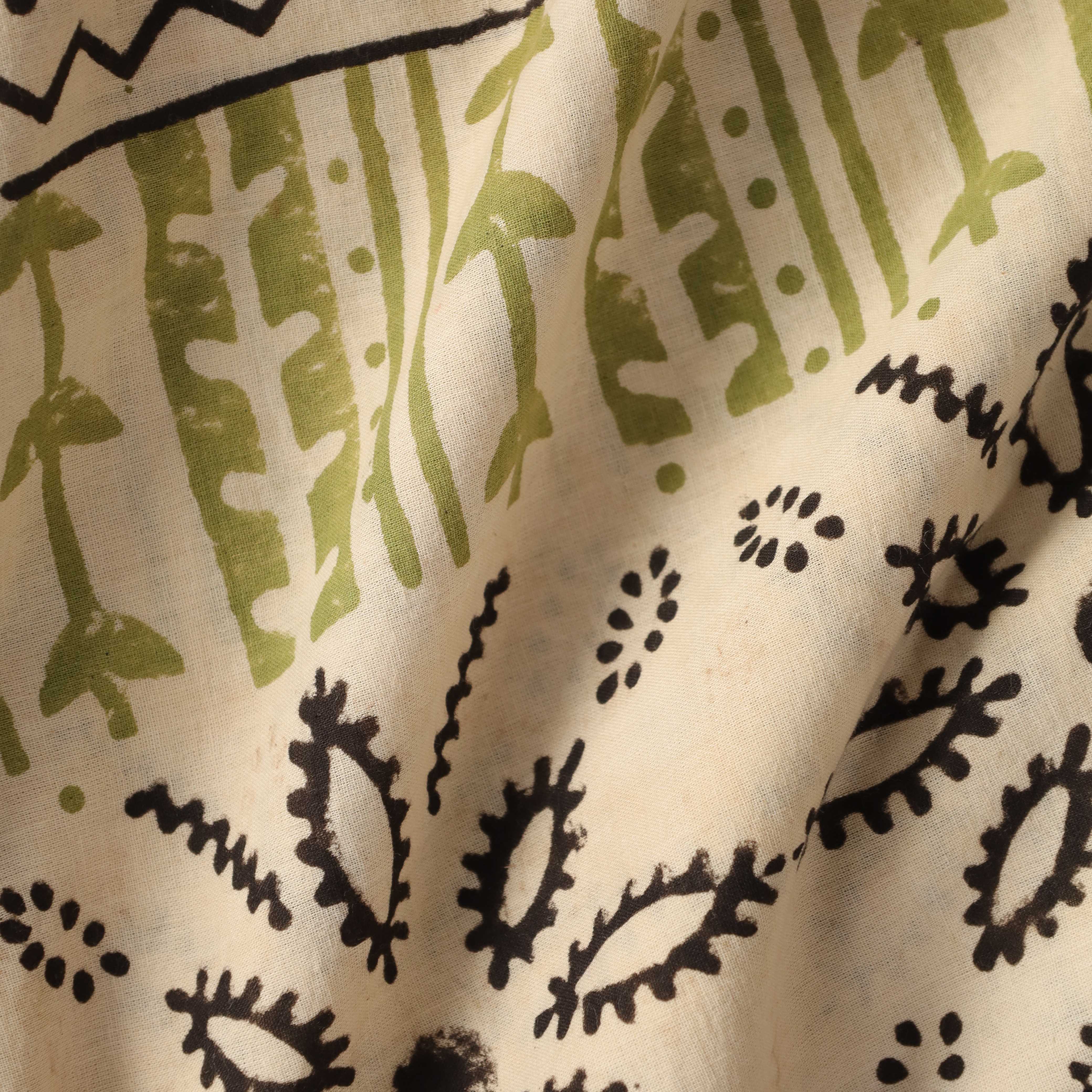 Premium Tribal Geometric Hand Block Printed Cotton Fabric — Artisan Olive & Charcoal Textile