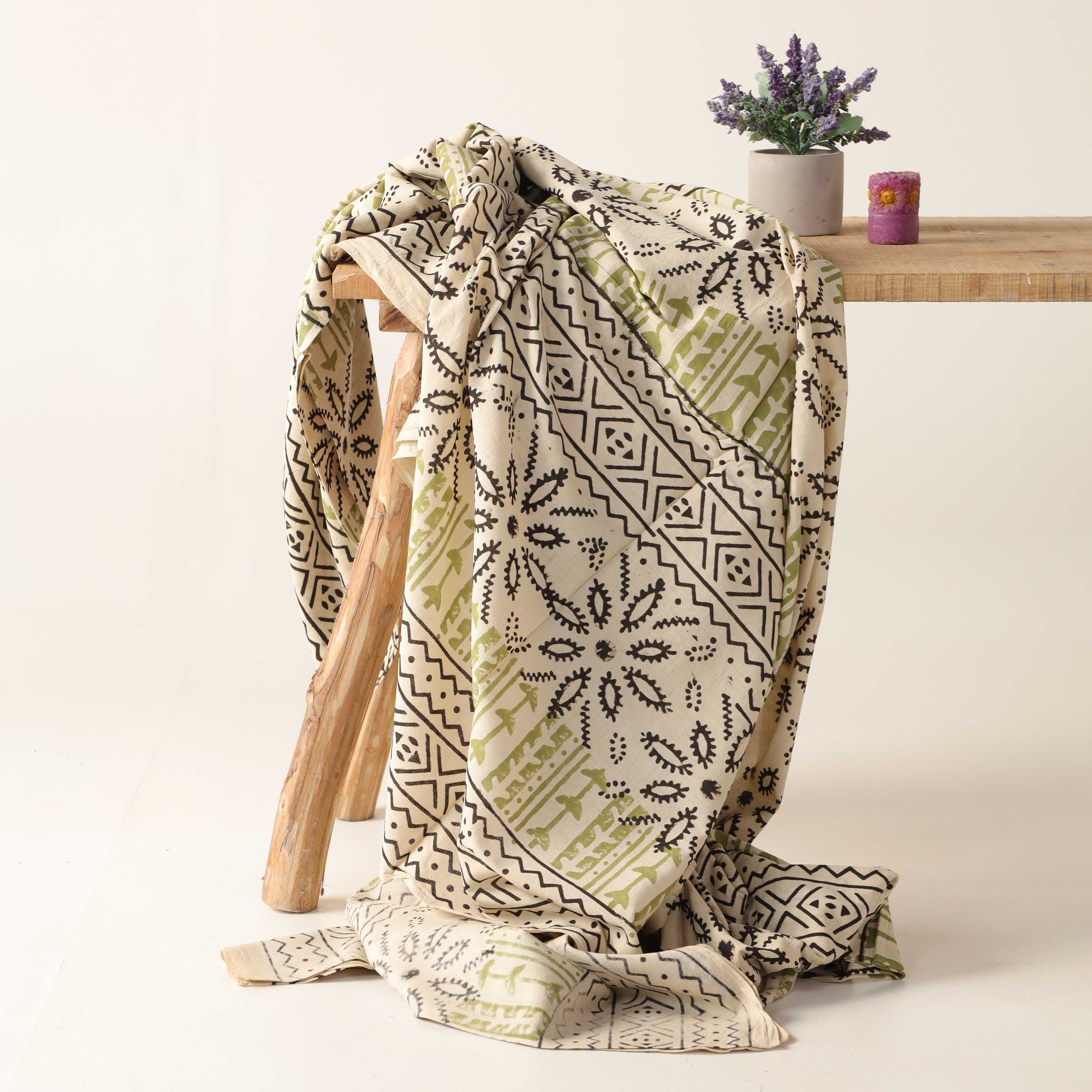 Premium Tribal Geometric Hand Block Printed Cotton Fabric — Artisan Olive & Charcoal Textile