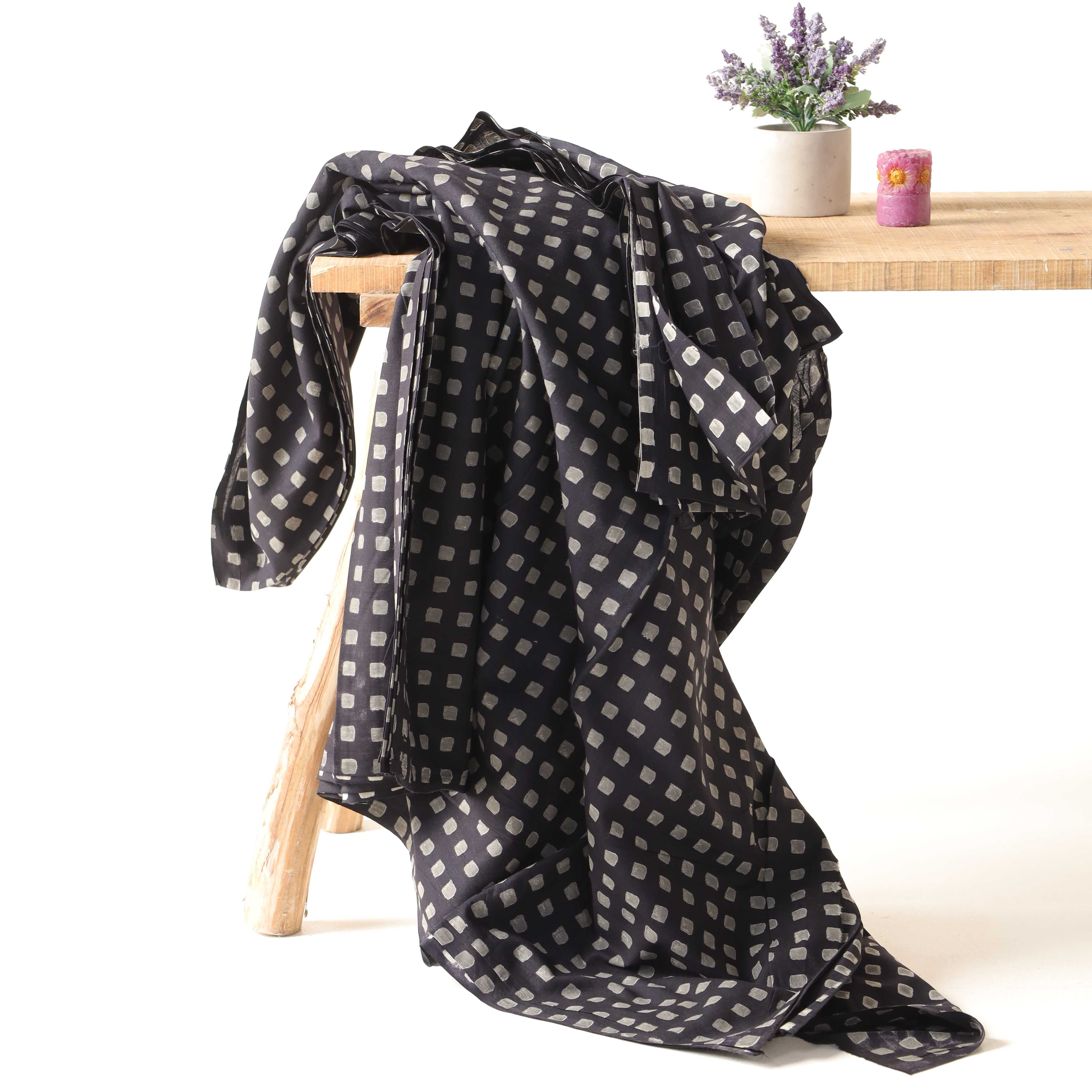 Premium Slate Black Hand-Stamped Geometric Cotton Fabric — Artisan Grid Textile