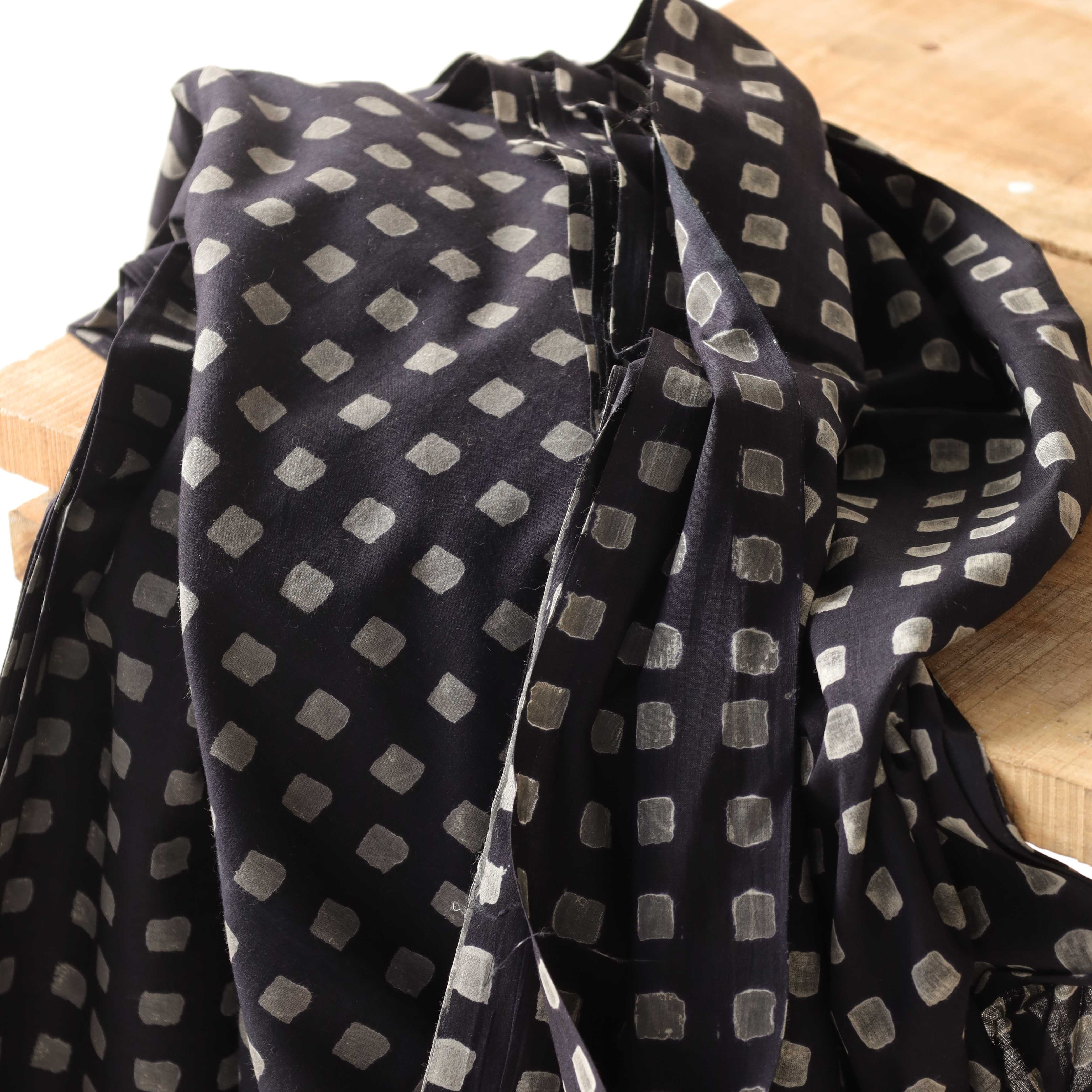 Premium Slate Black Hand-Stamped Geometric Cotton Fabric — Artisan Grid Textile